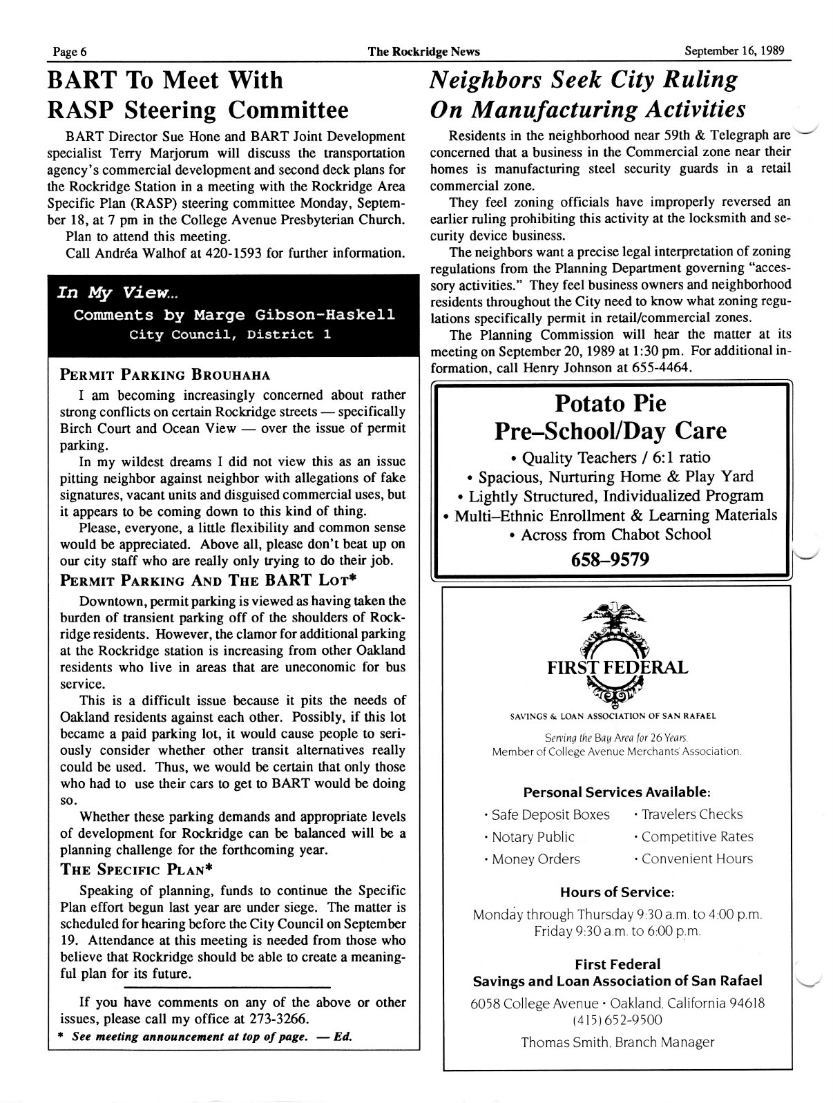 Click to zoom in The Rockridge News, September 1989, page 6