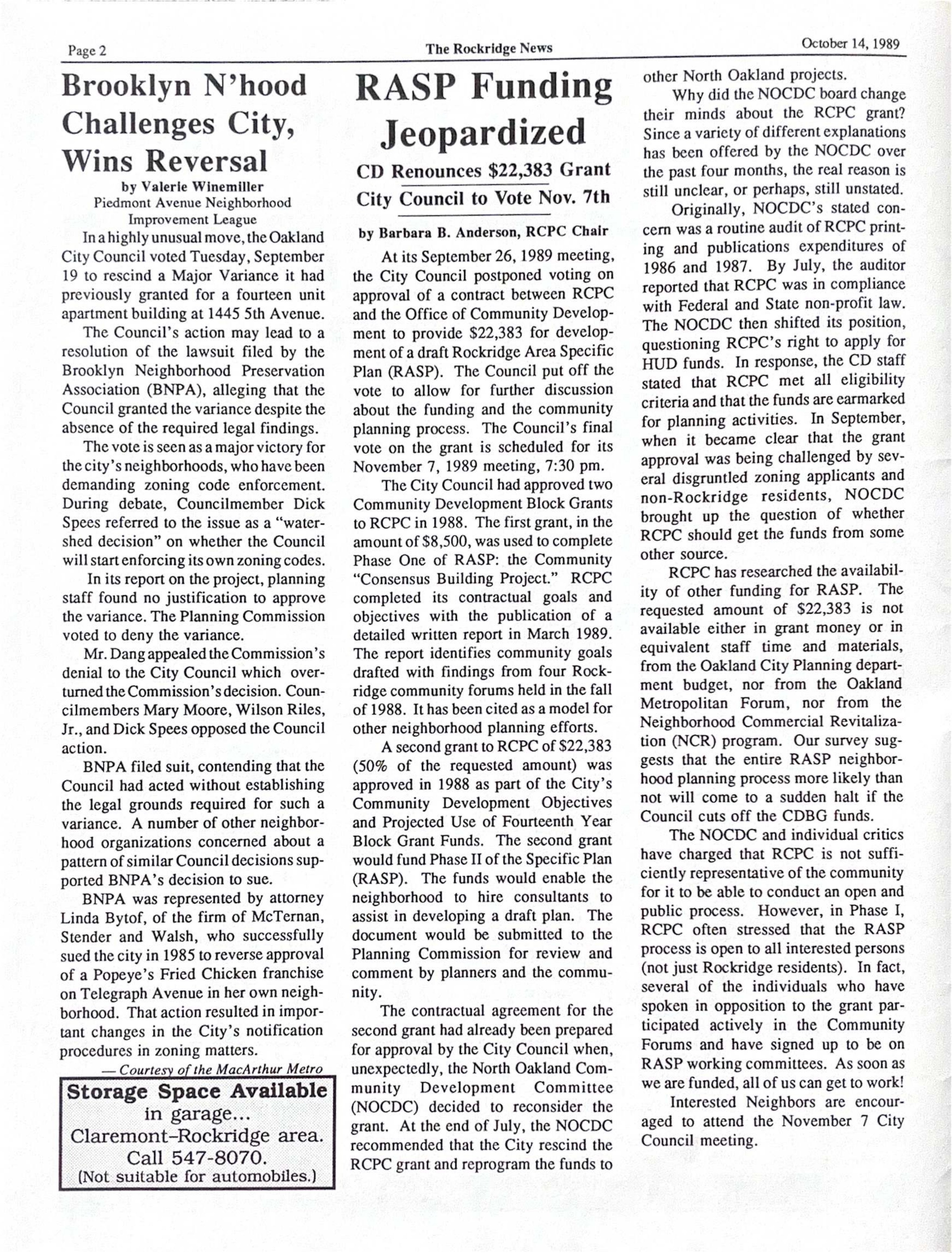 Click to zoom in The Rockridge News, October 1989, page 2
