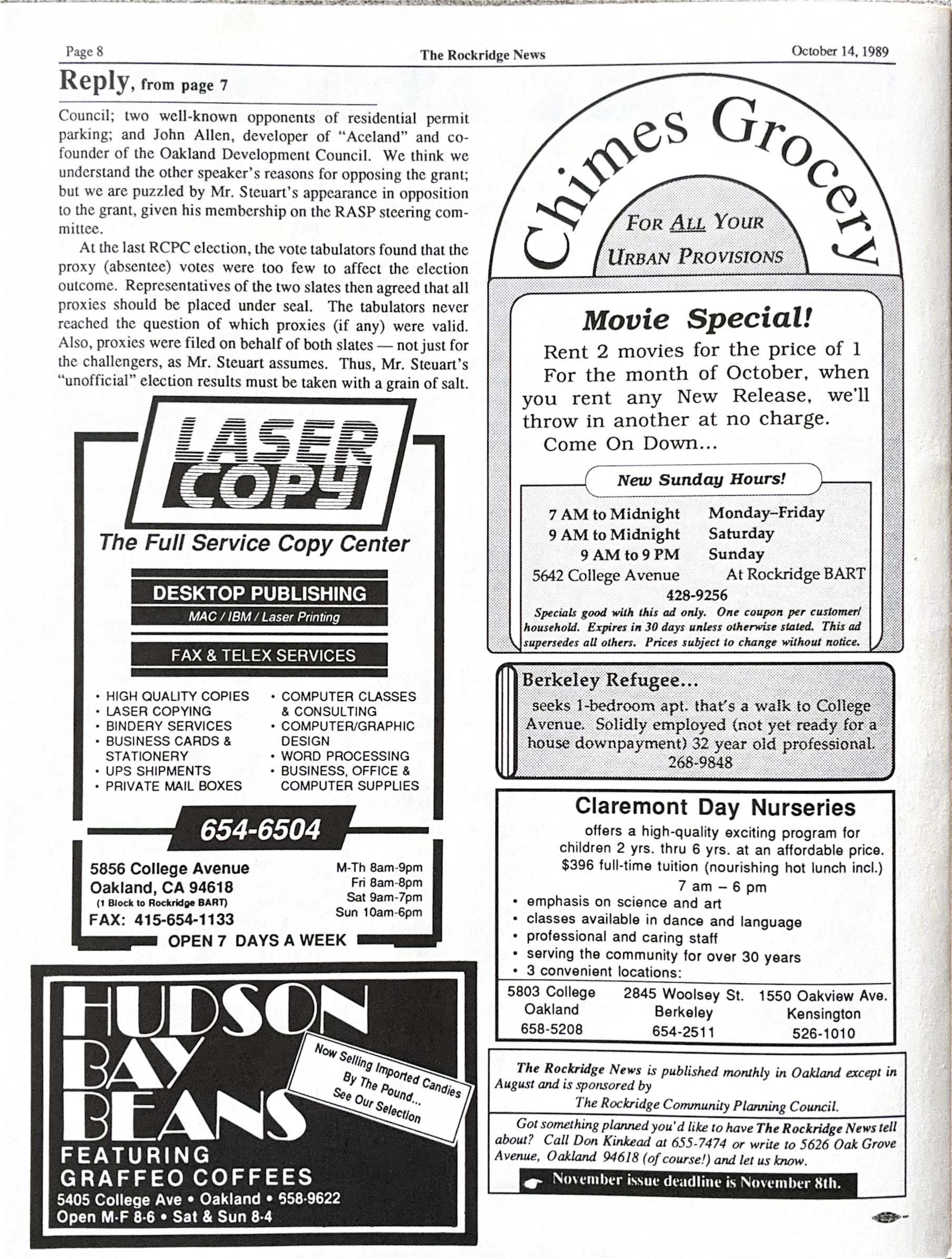 Click to zoom in The Rockridge News, October 1989, page 8