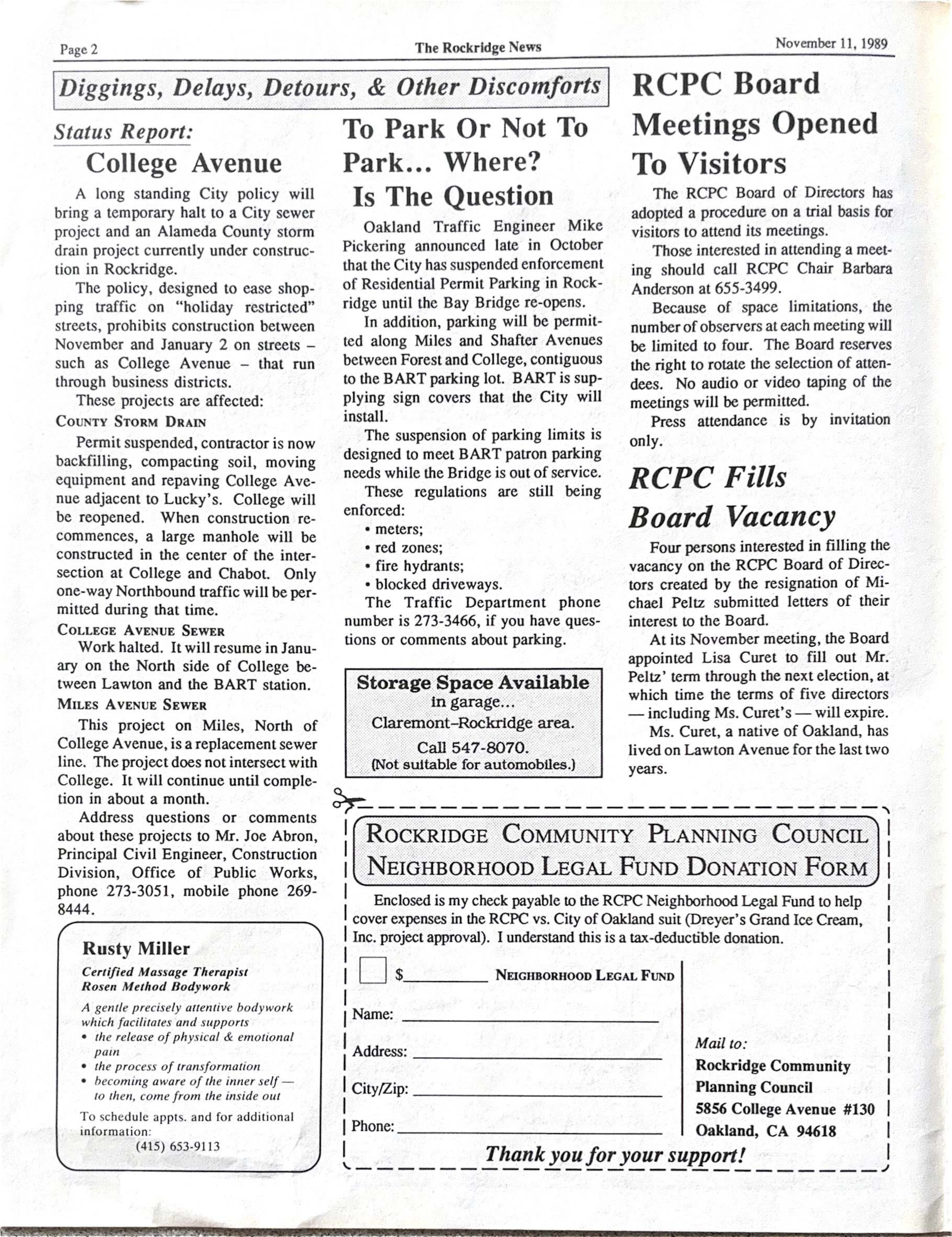 Click to zoom in The Rockridge News, November 1989, page 2