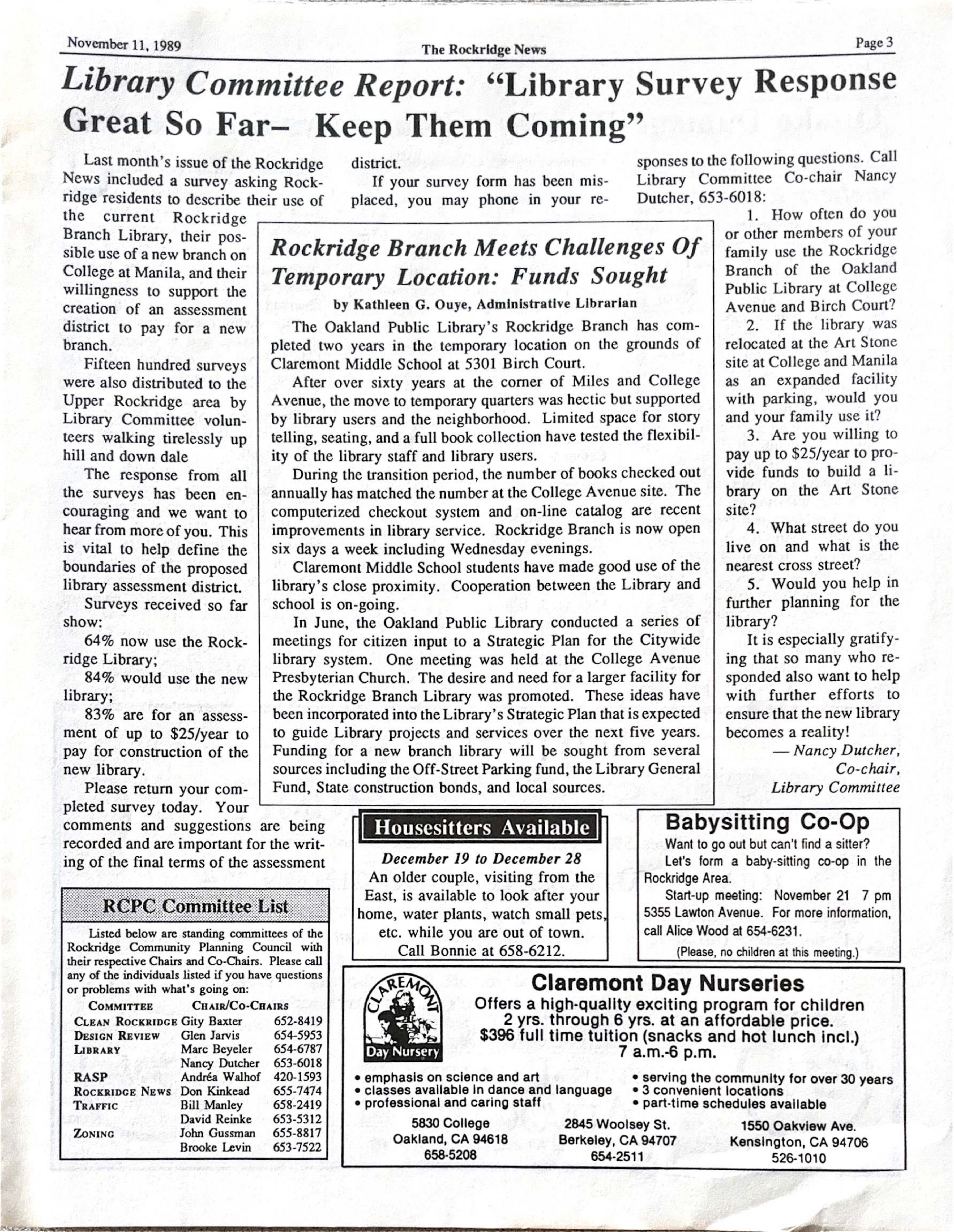 Click to zoom in The Rockridge News, November 1989, page 3