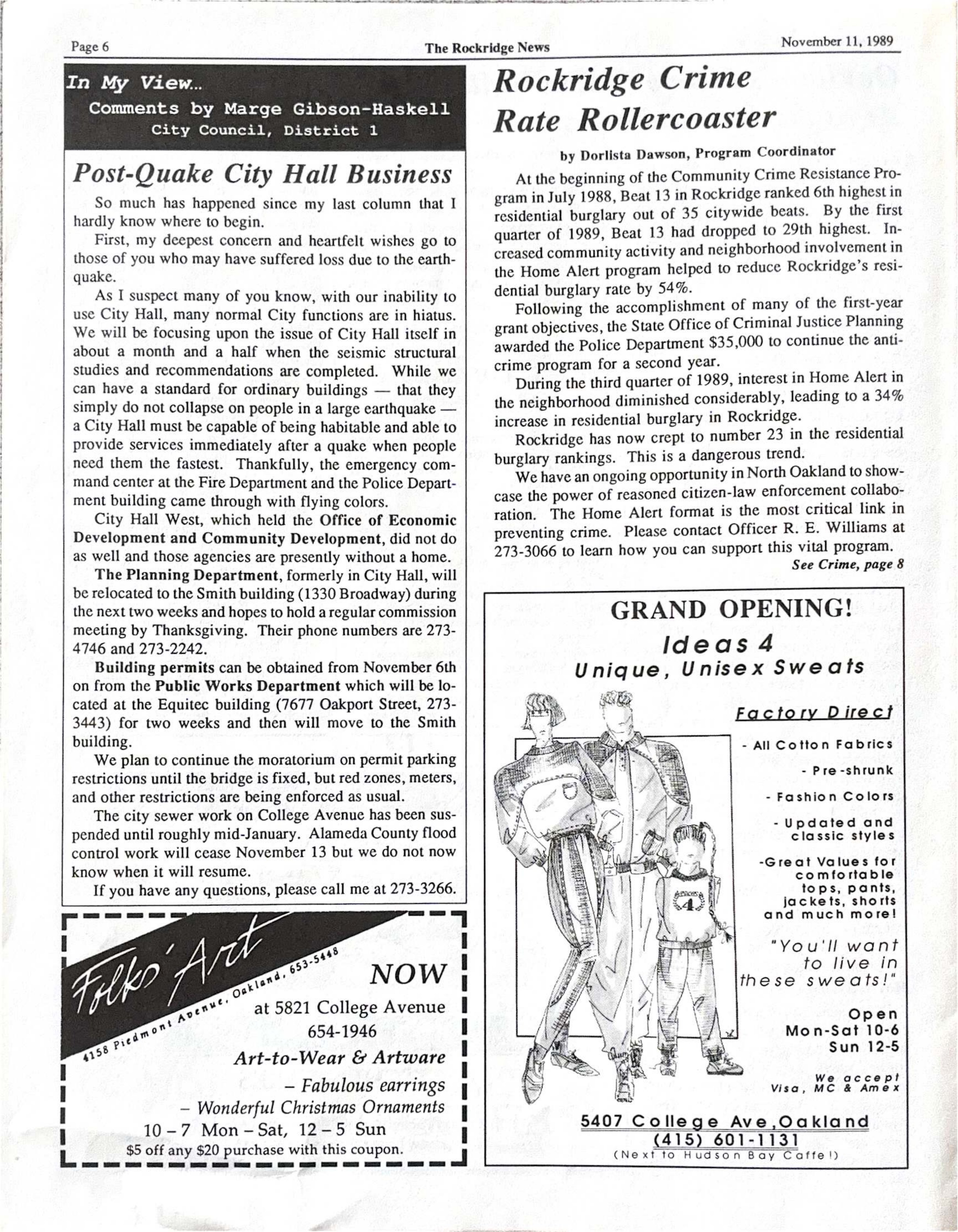 Click to zoom in The Rockridge News, November 1989, page 6