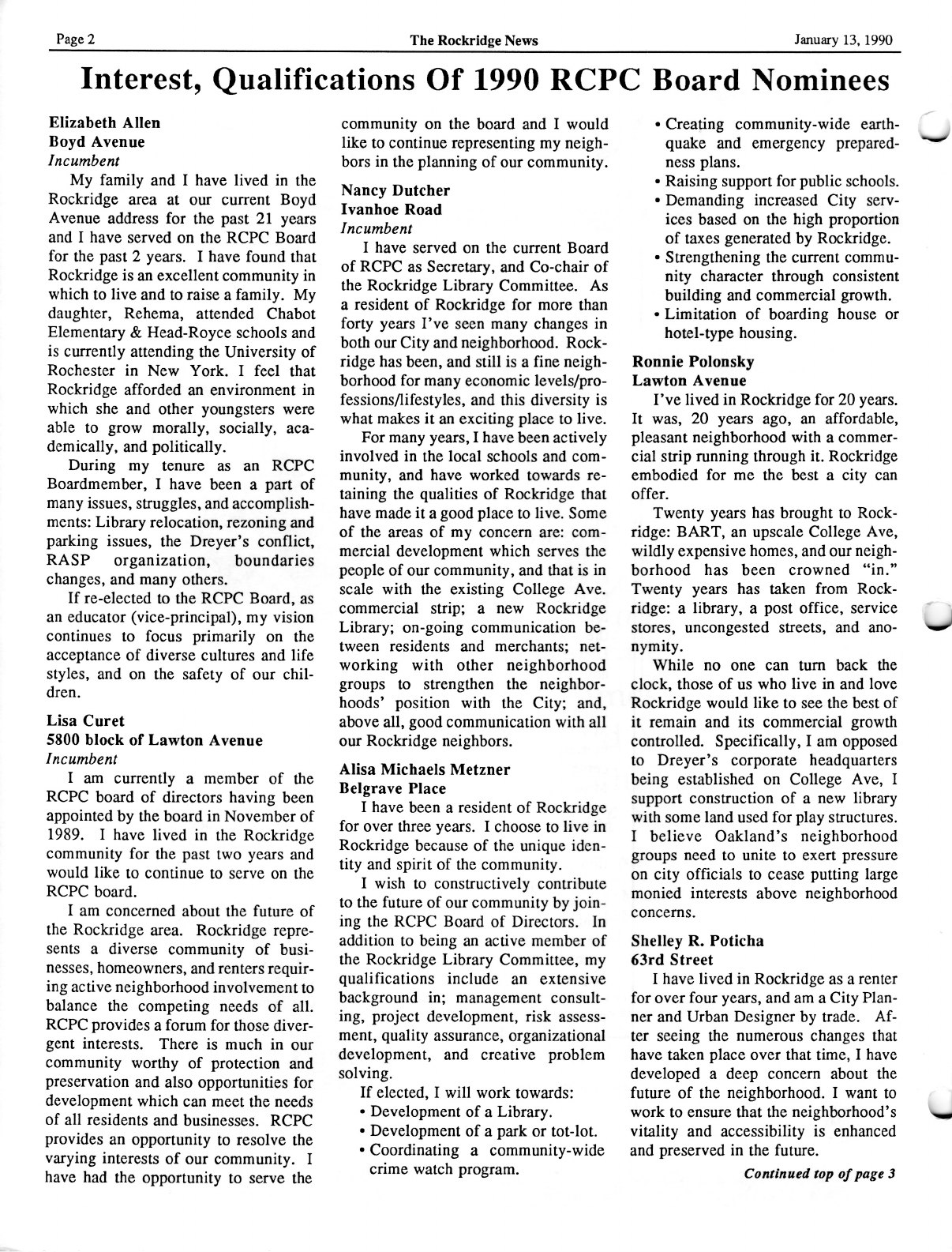 Click to zoom in The Rockridge News, January 1990, page 2