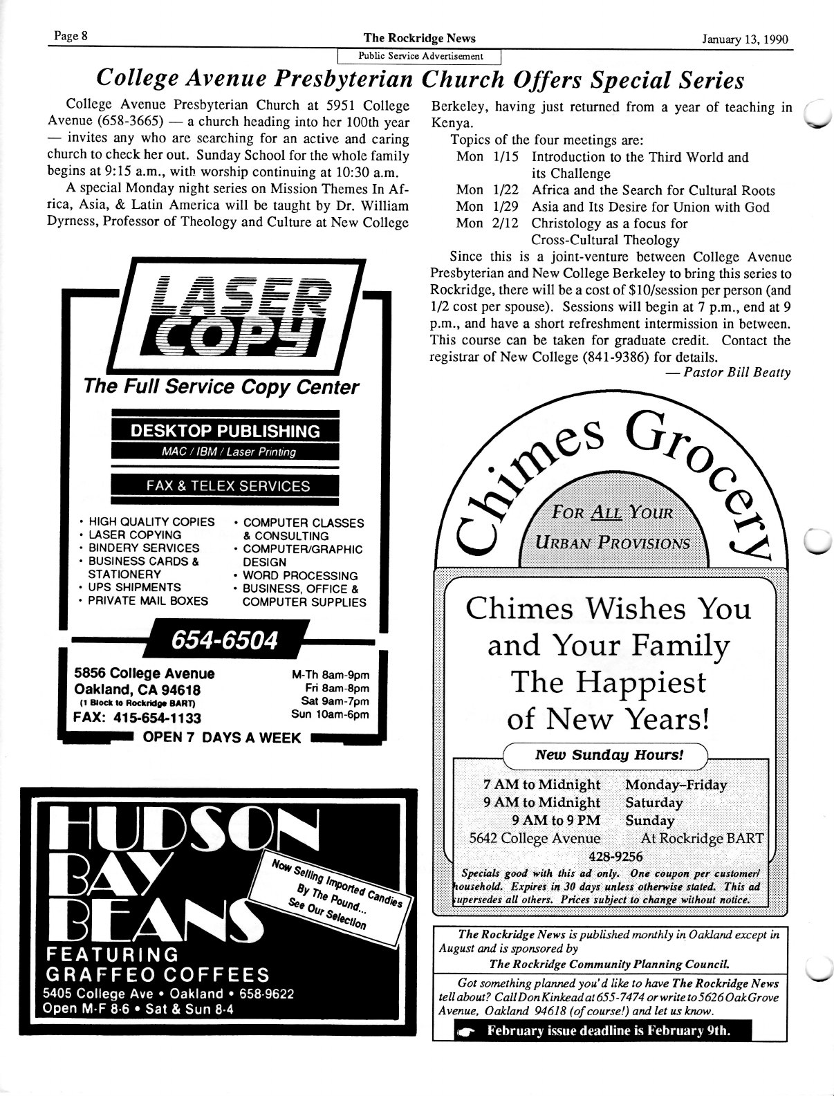 Click to zoom in The Rockridge News, January 1990, page 8