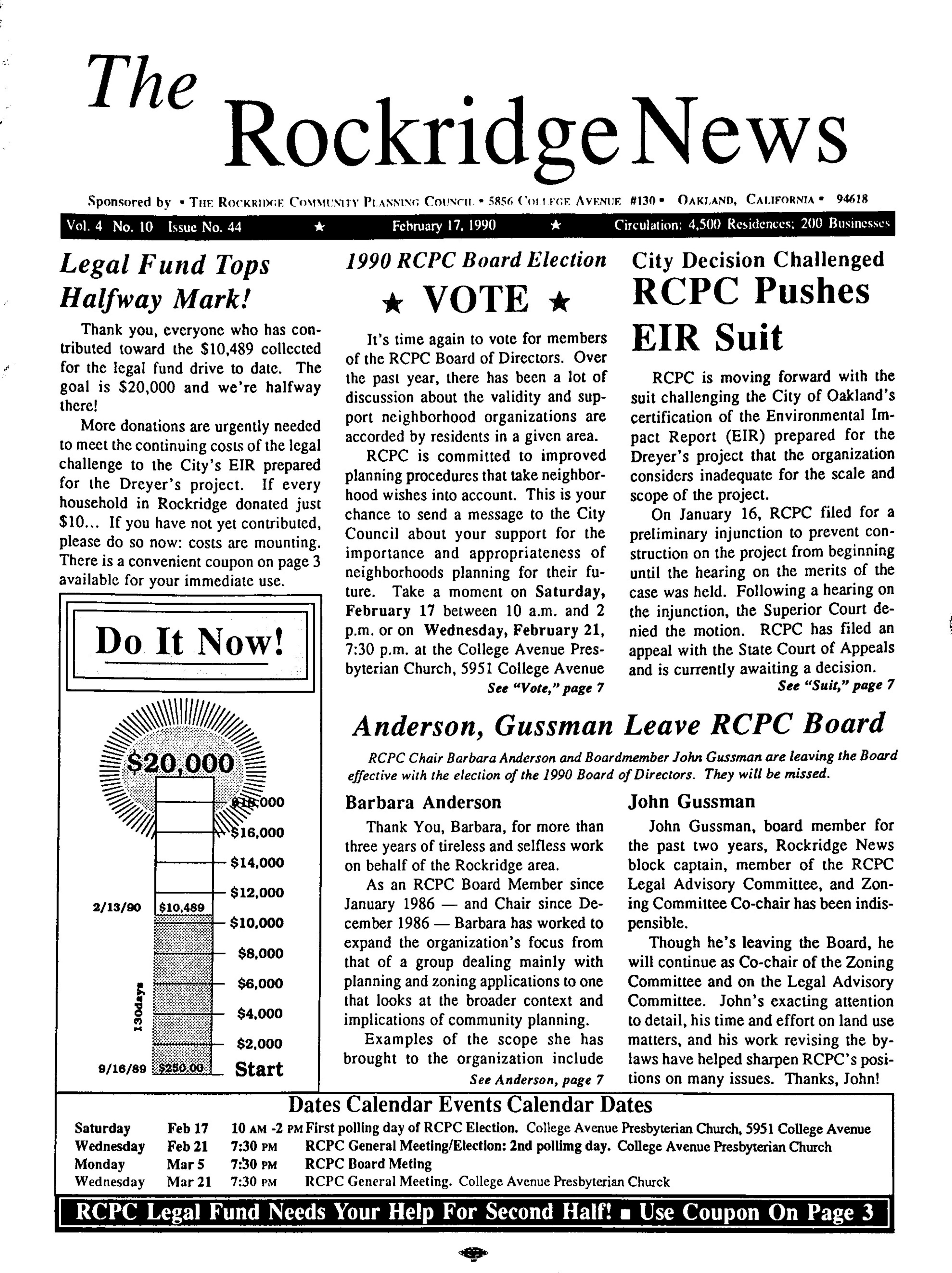 Click to zoom in The Rockridge News, February 1990, page 1