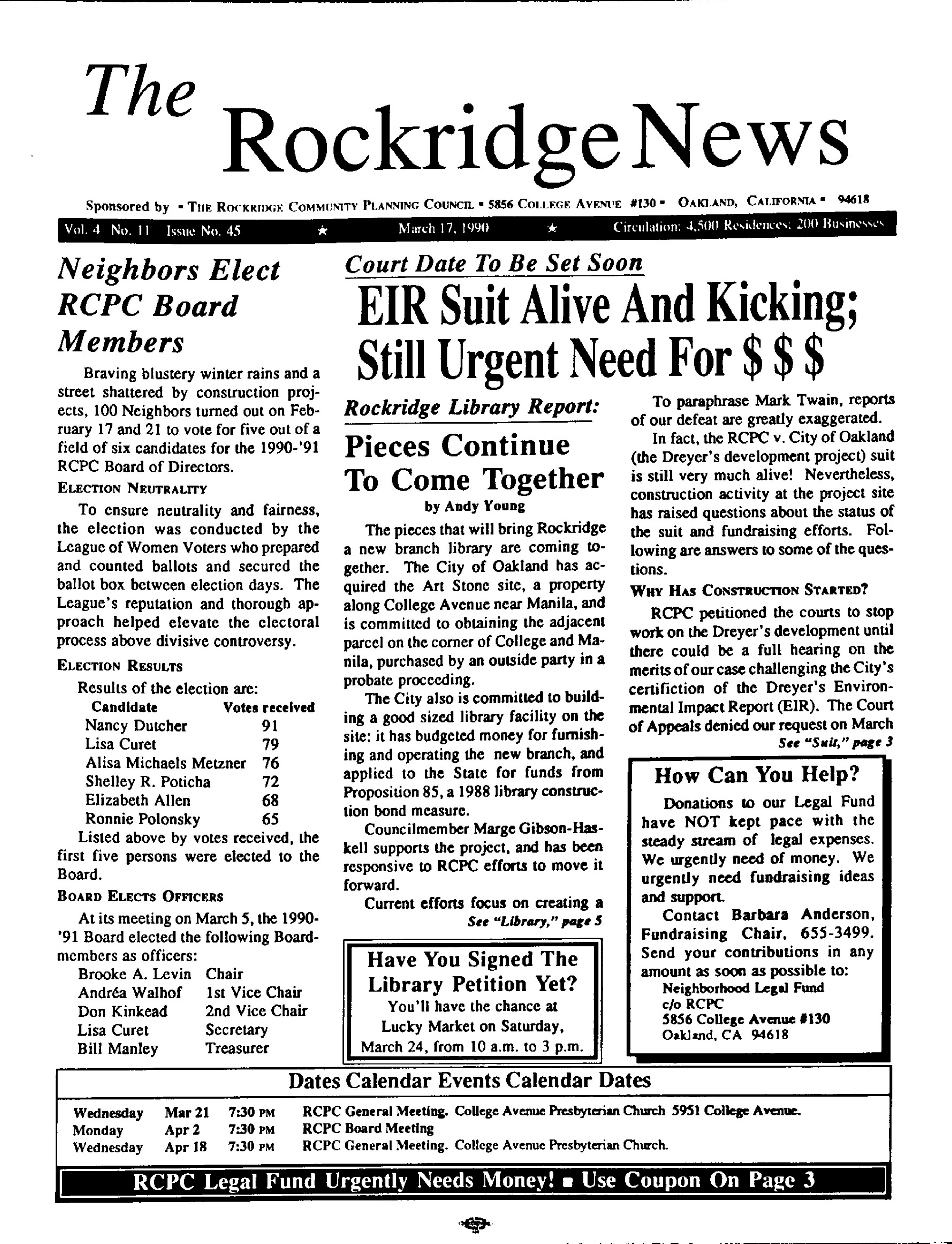 Click to zoom in The Rockridge News, March 1990, page 1