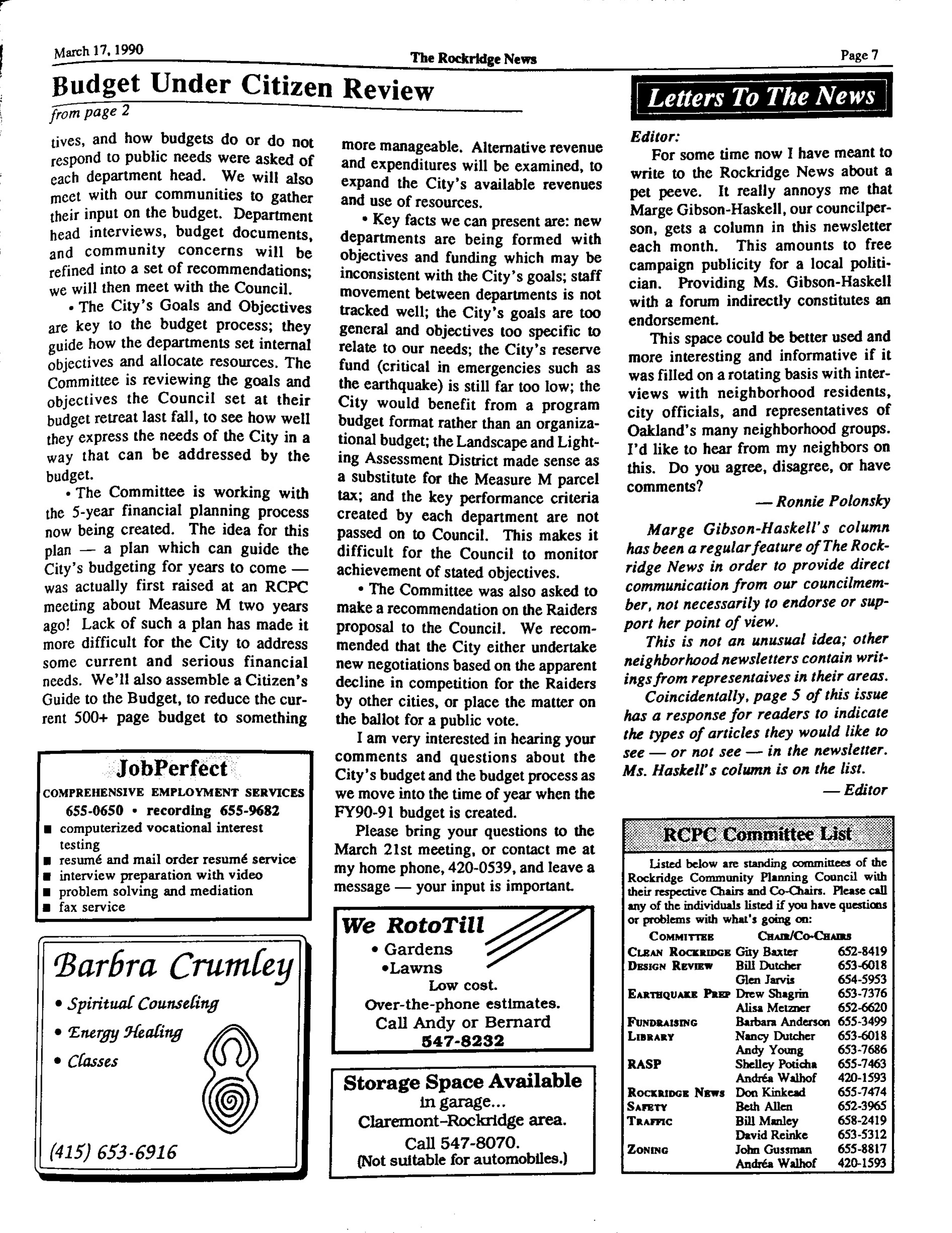 Click to zoom in The Rockridge News, March 1990, page 7