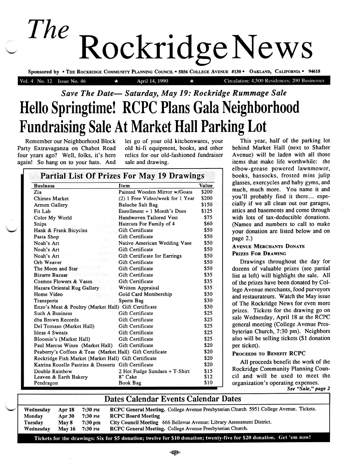Click to zoom in The Rockridge News, April 1990, page 1