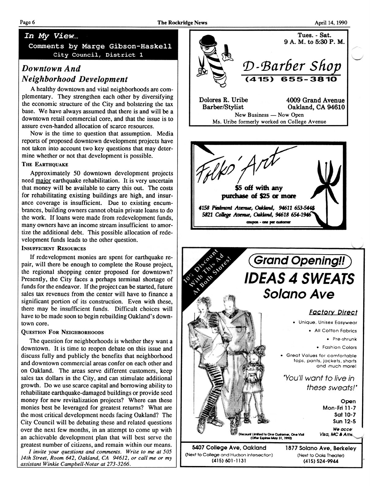 Click to zoom in The Rockridge News, April 1990, page 6