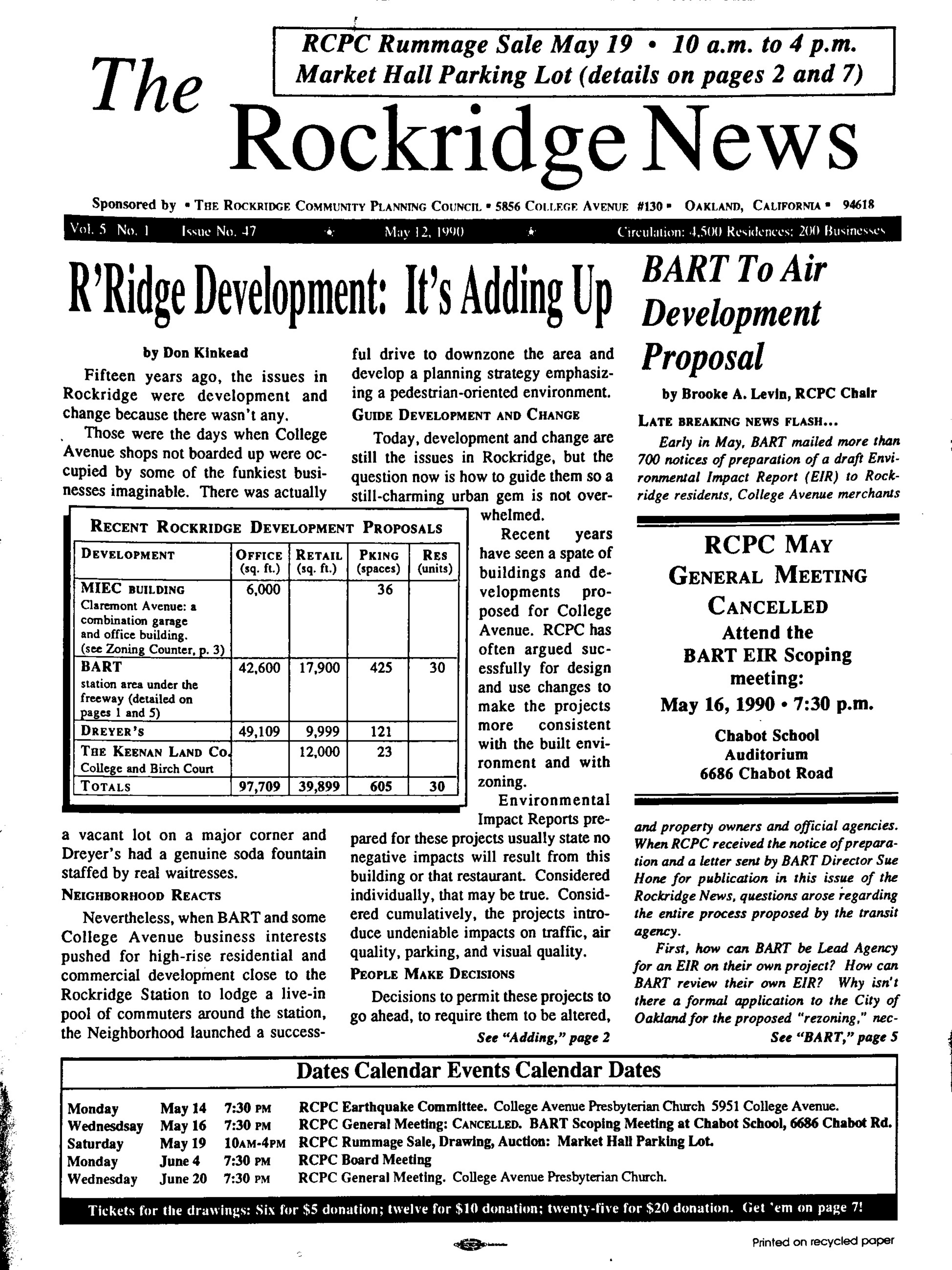 Click to zoom in The Rockridge News, May 1990, page 1