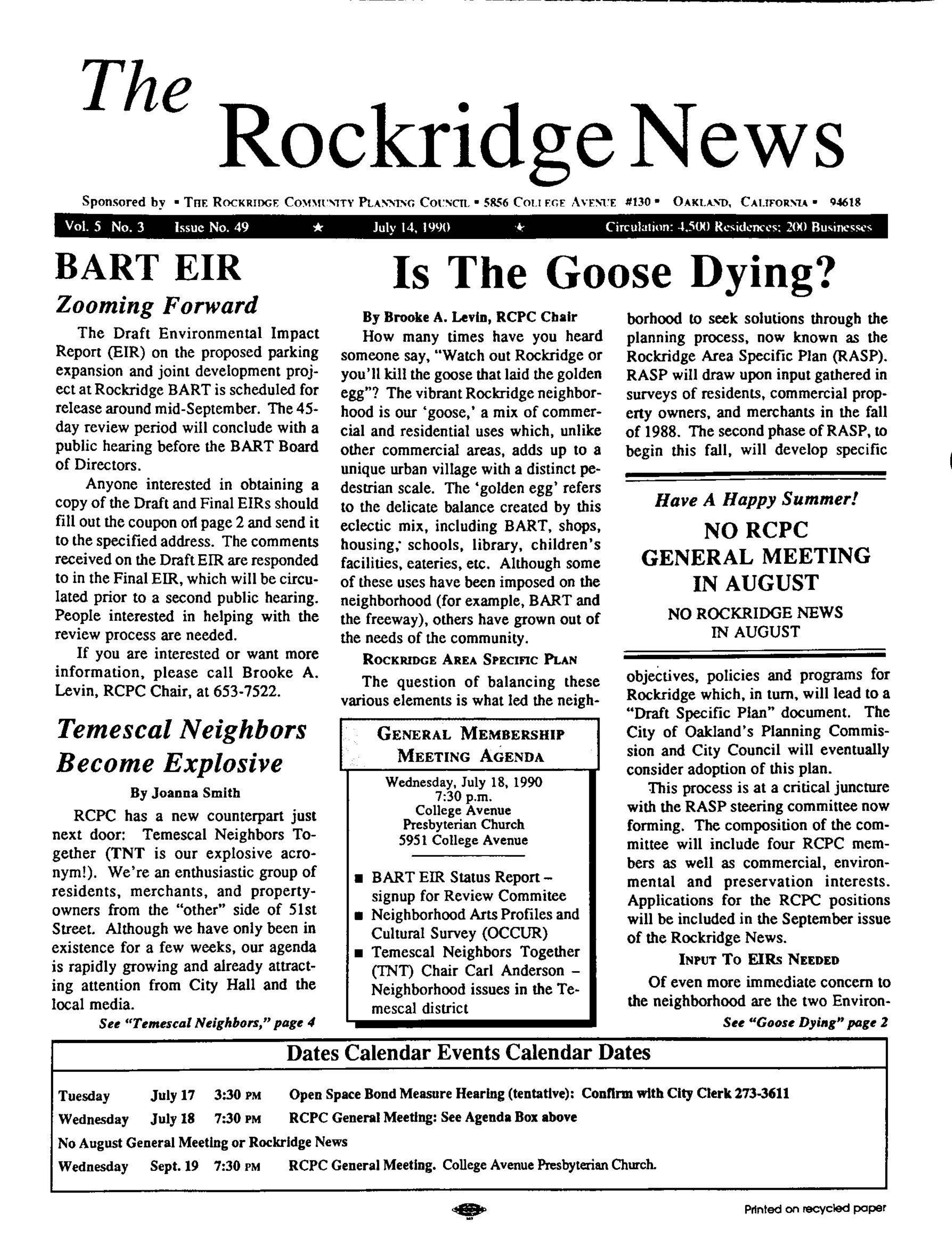 Click to zoom in The Rockridge News, July 1990, page 1