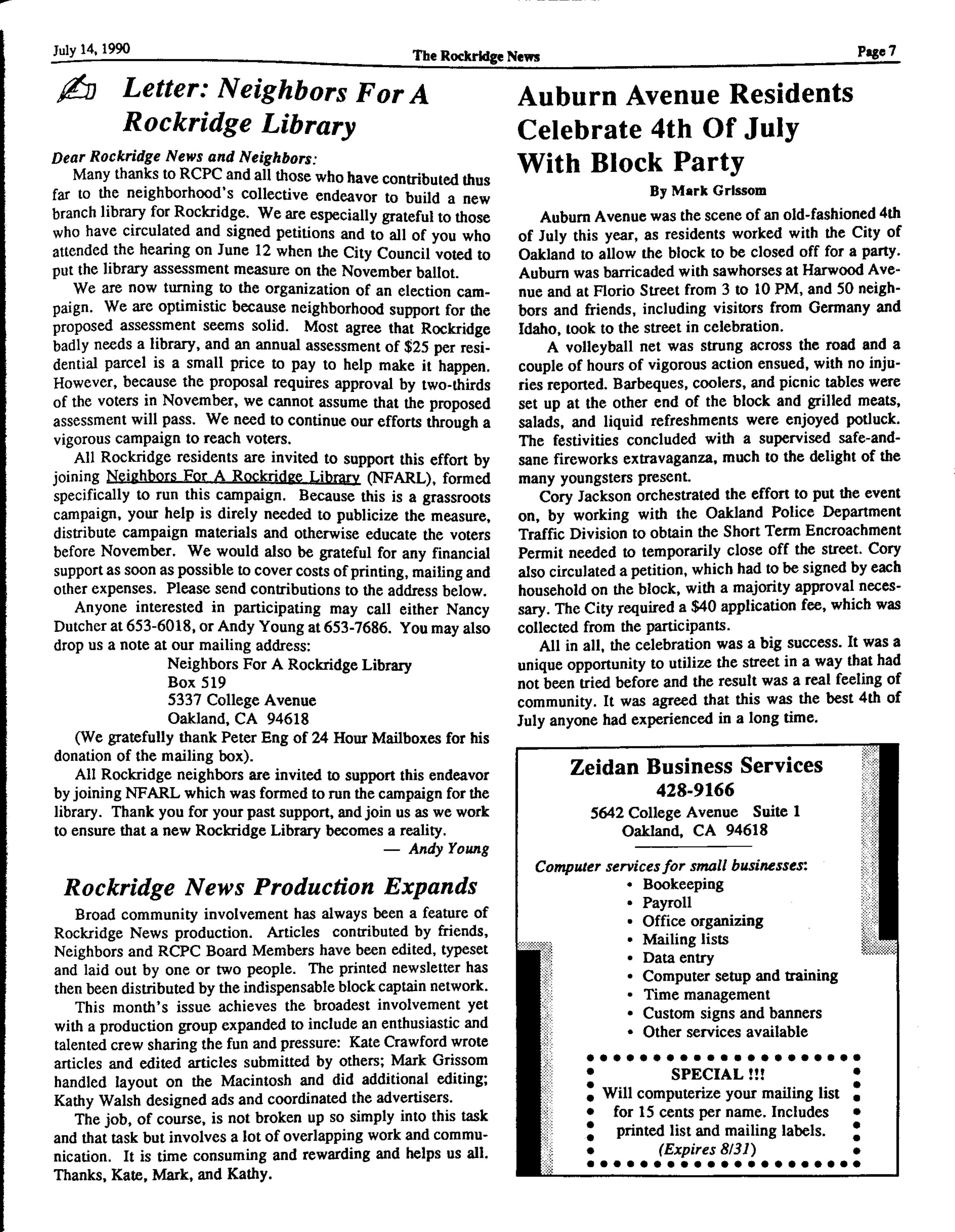 Click to zoom in The Rockridge News, July 1990, page 7