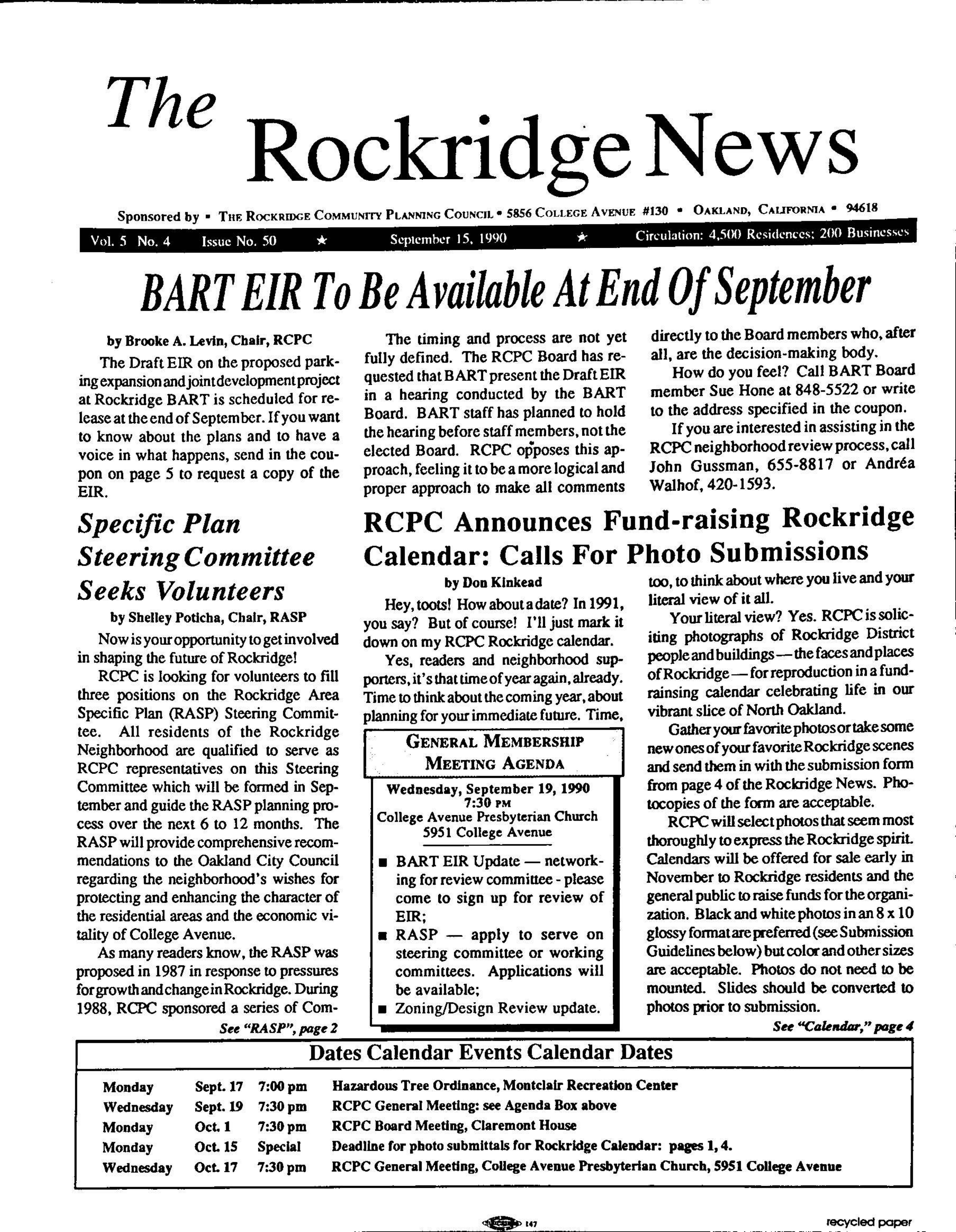 Click to zoom in The Rockridge News, September 1990, page 1