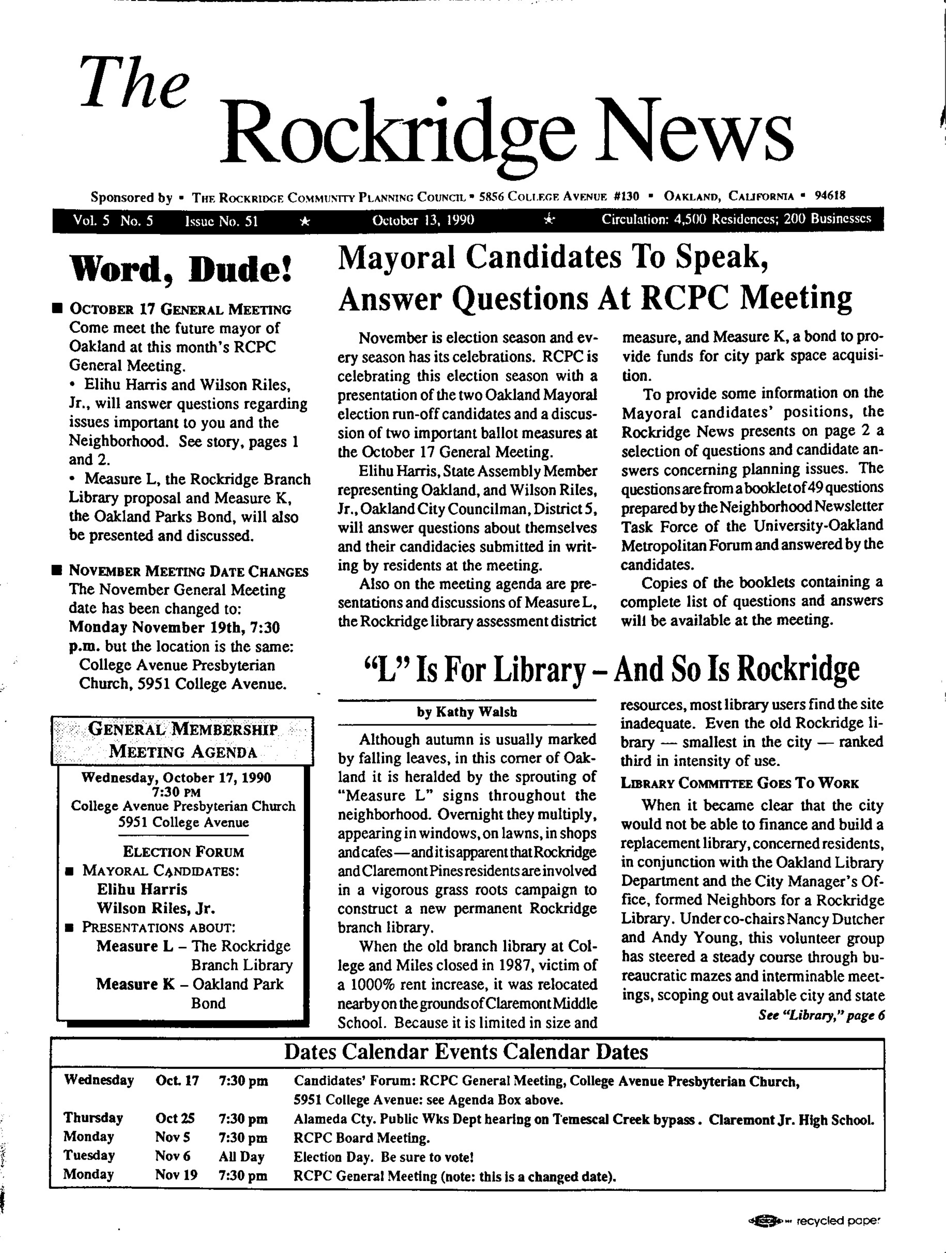 Click to zoom in The Rockridge News, October 1990, page 1