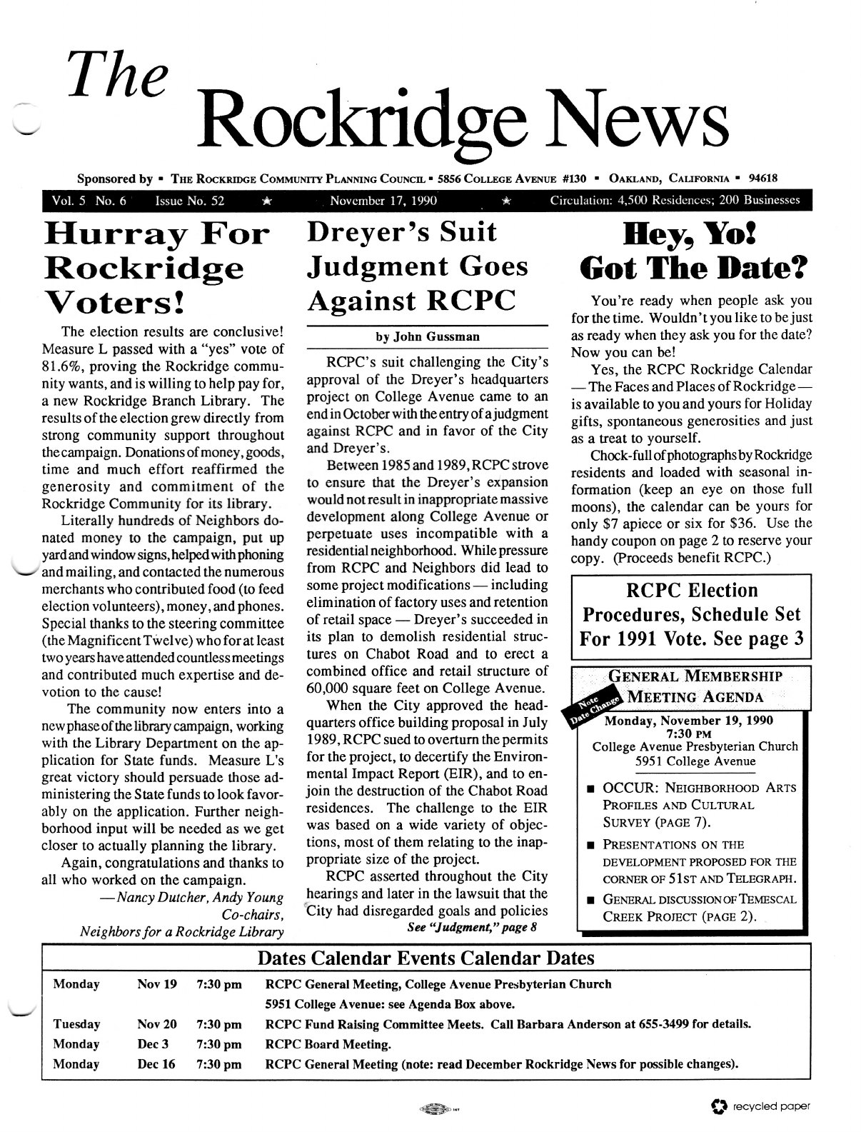 Click to zoom in The Rockridge News, November 1990, page 1