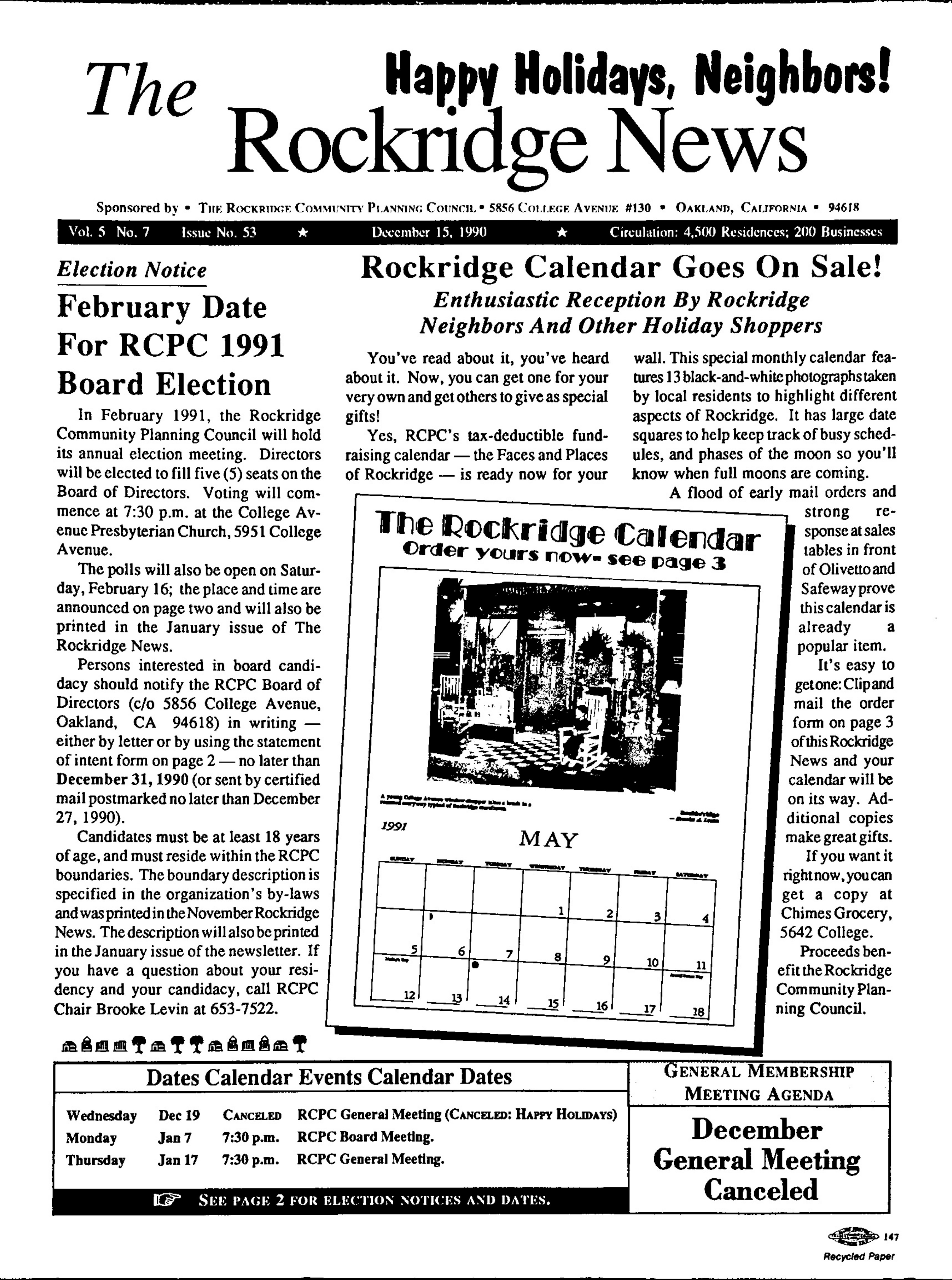 Click to zoom in The Rockridge News, December 1990, page 1