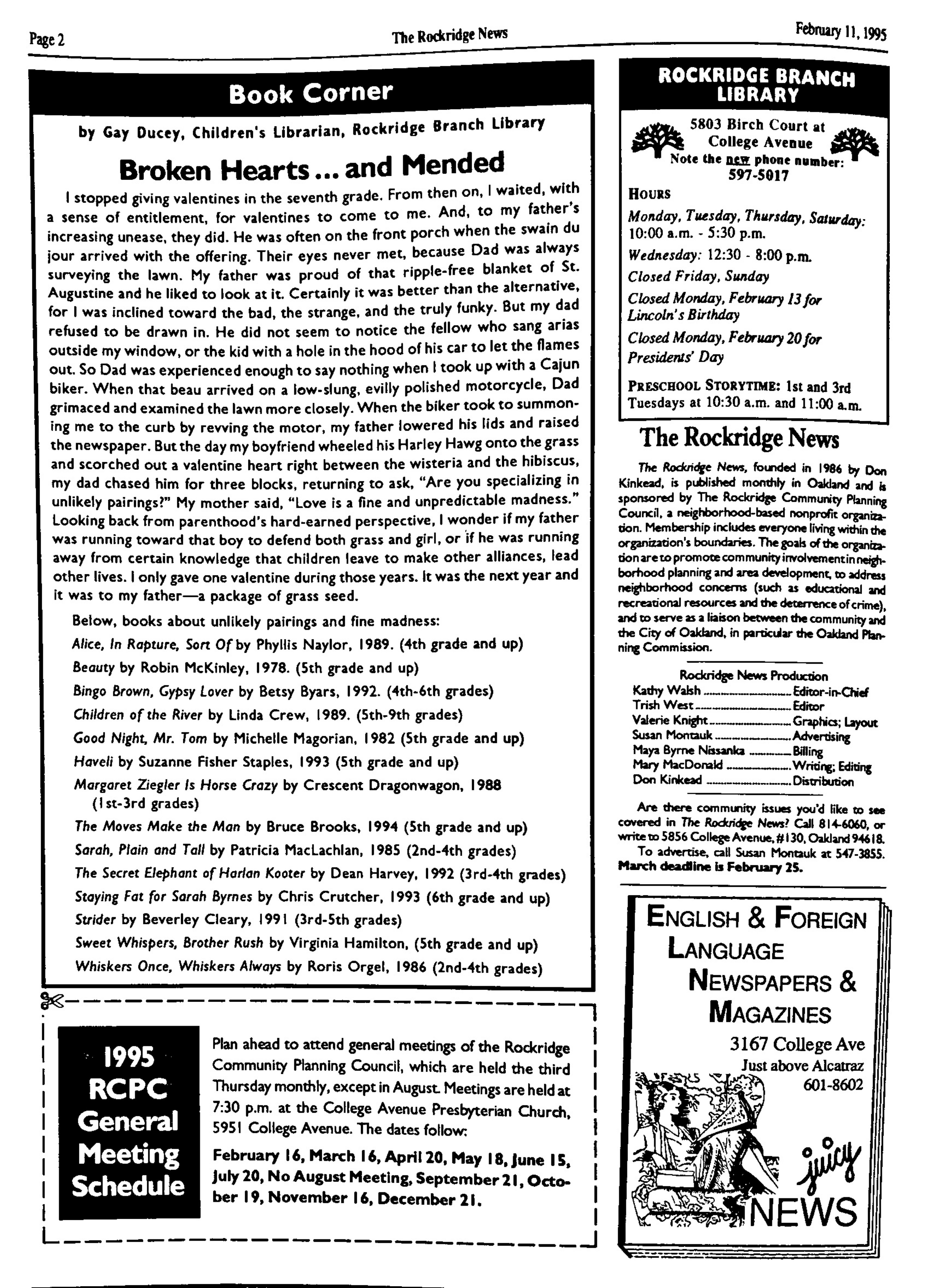 Click to zoom in The Rockridge News, February 1995, page 2