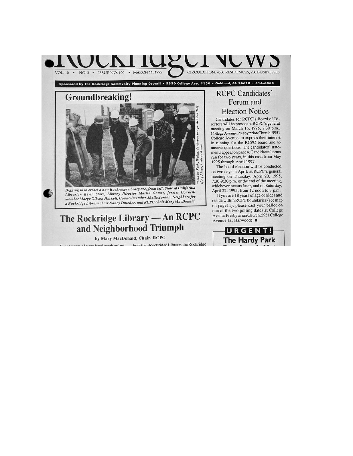 Click to zoom in The Rockridge News, March 1995, page 1