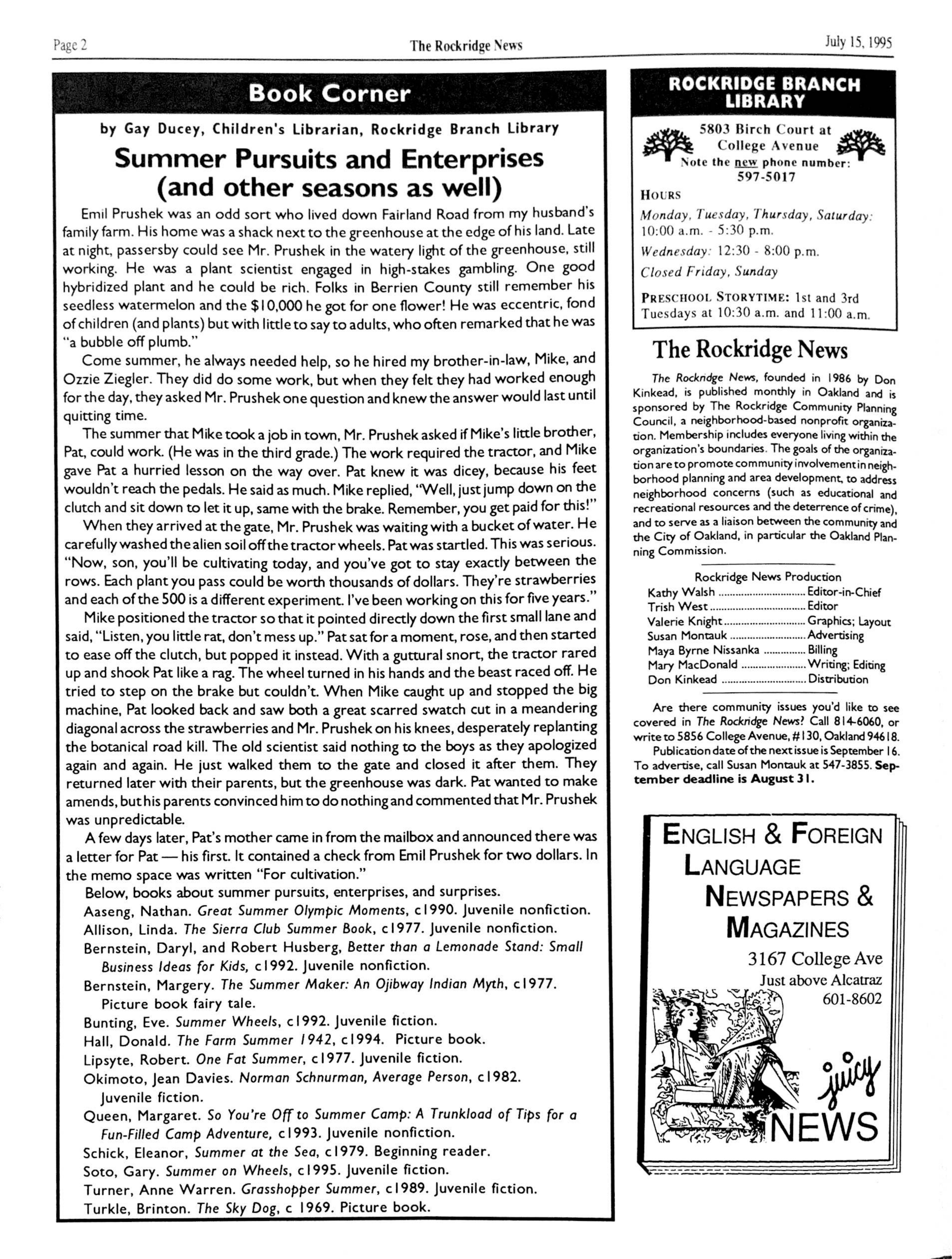 Click to zoom in The Rockridge News, July 1995, page 2