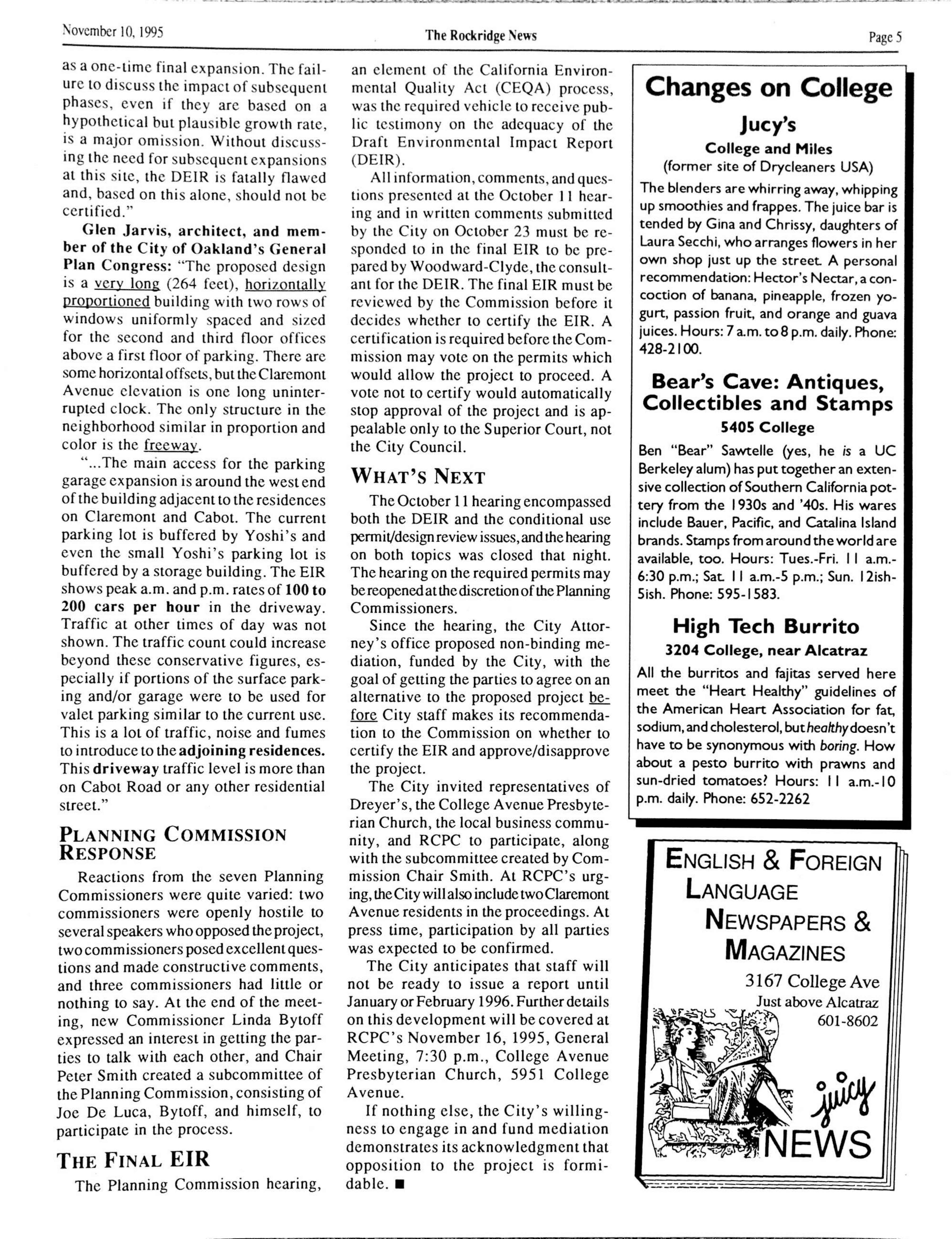 Click to zoom in The Rockridge News, November 1995, page 5