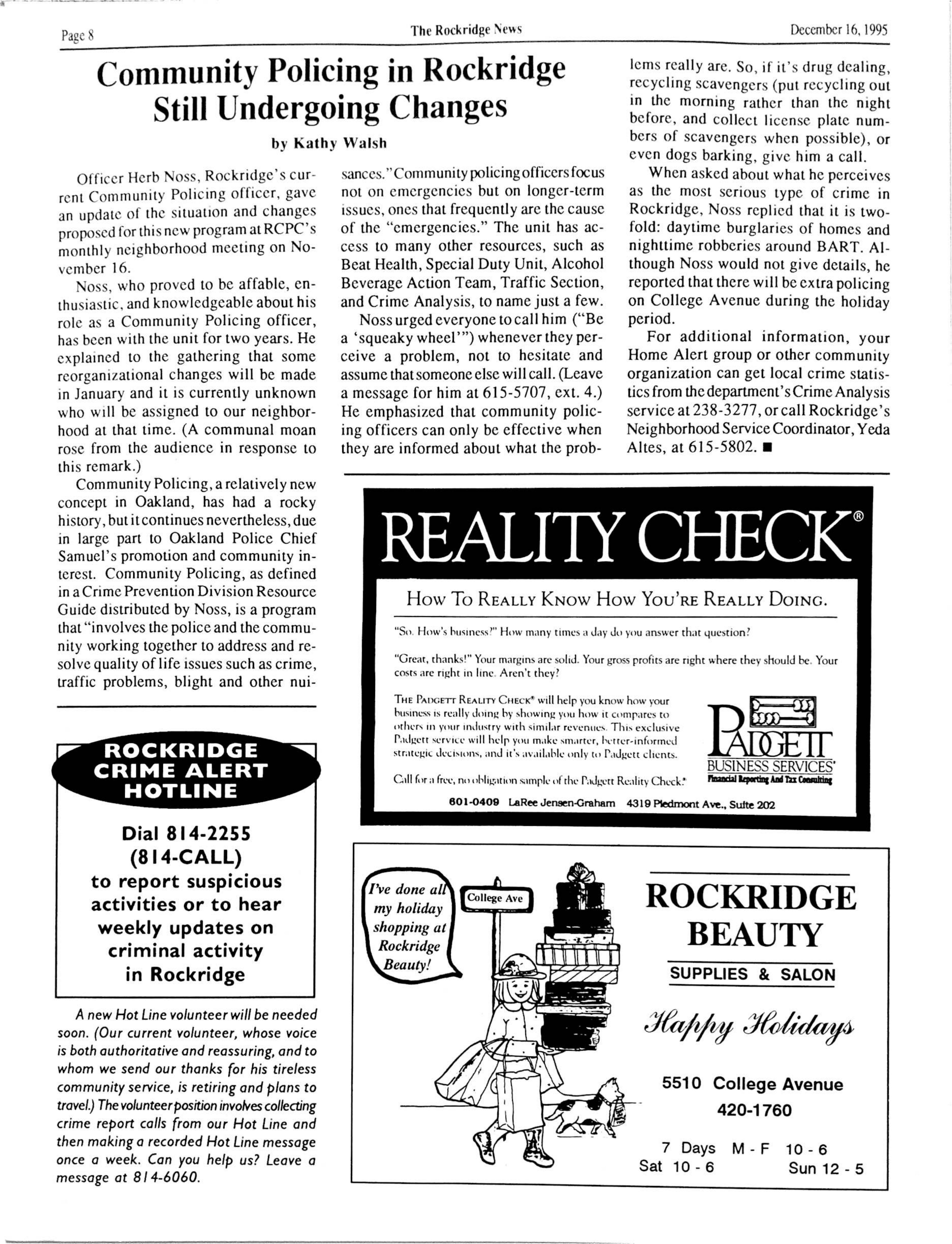 Click to zoom in The Rockridge News, December 1995, page 8