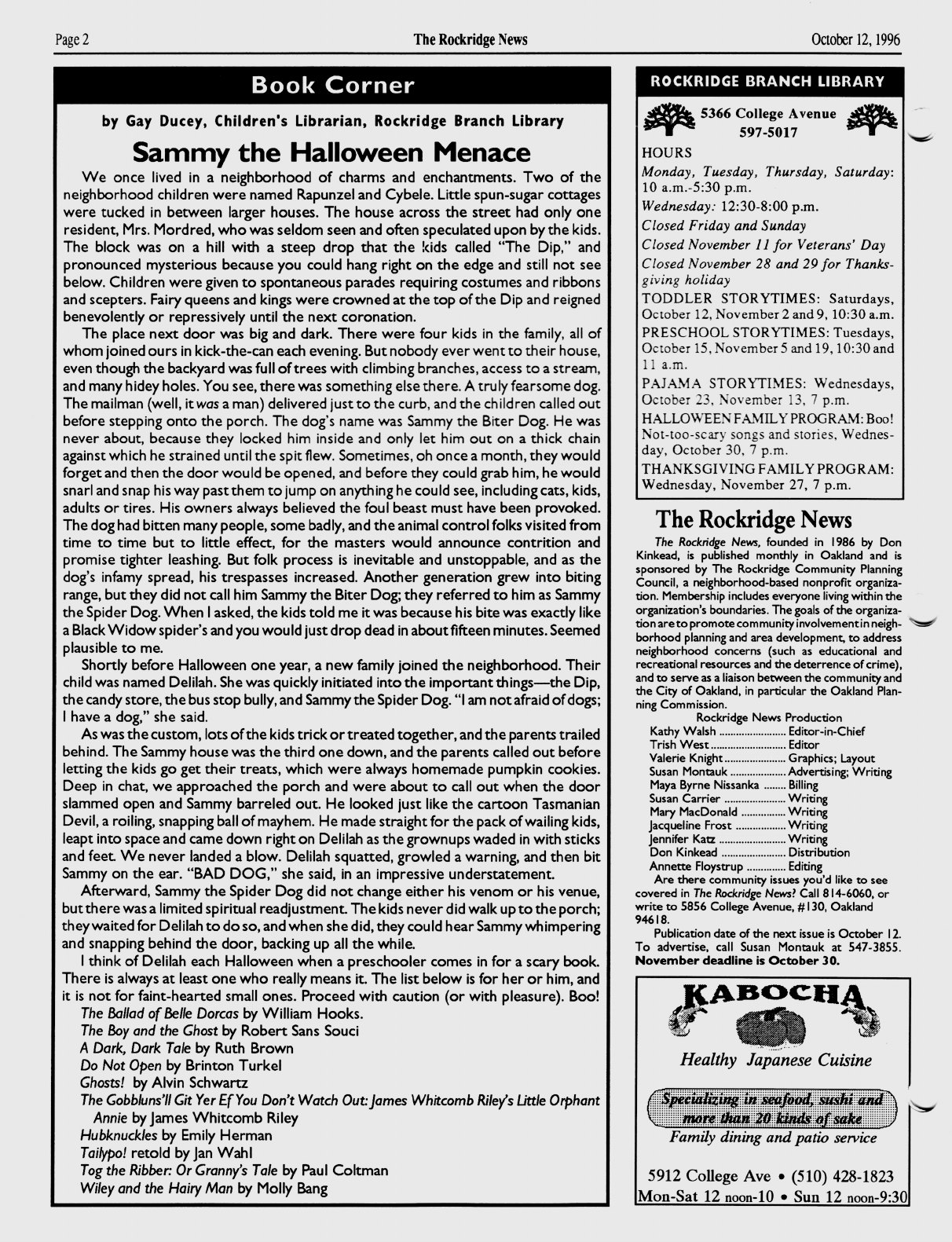 Click to zoom in The Rockridge News, October 1996, page 2