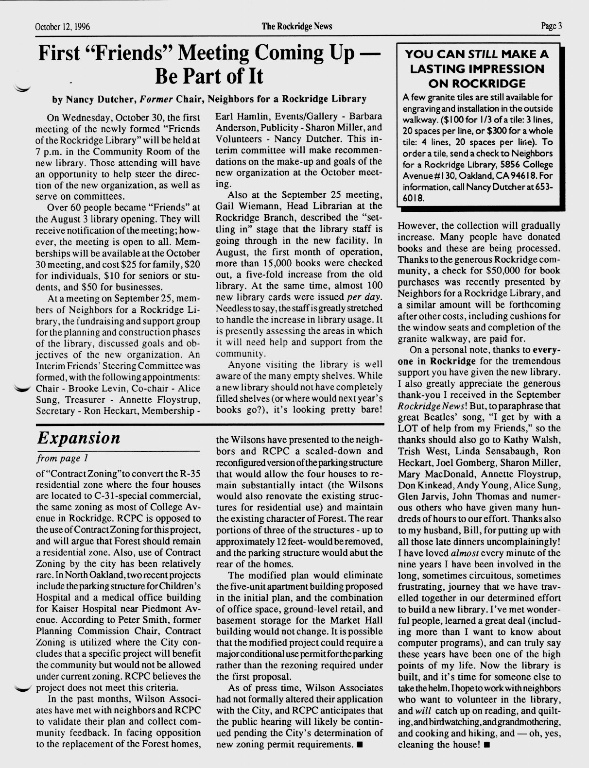 Click to zoom in The Rockridge News, October 1996, page 3