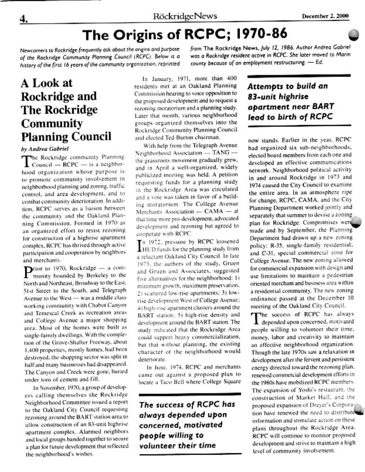Click to zoom in The Rockridge News, December 2000, page 1