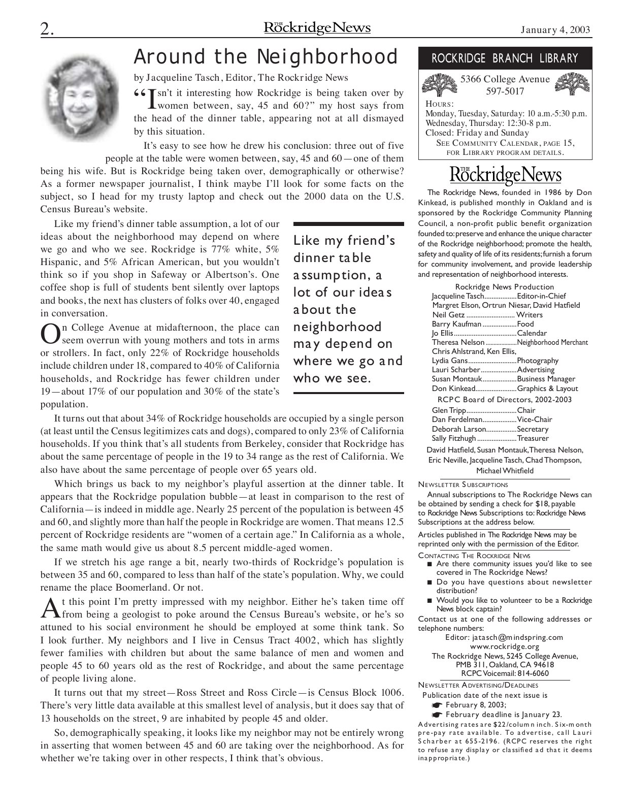 Click to zoom in The Rockridge News, January 2003, page 2