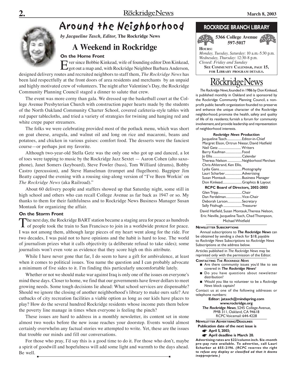 The Rockridge News, March 2003, page 2