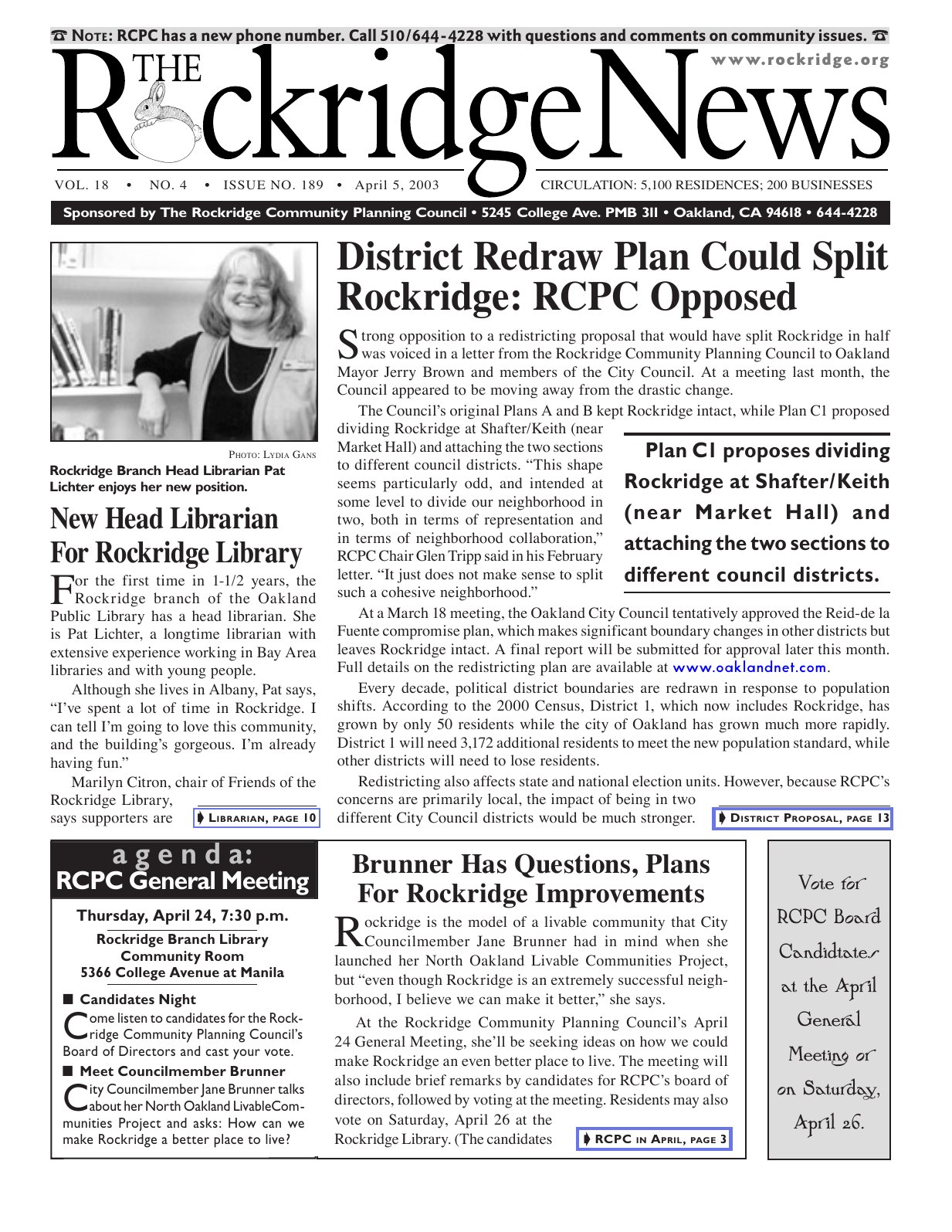 Click to zoom in The Rockridge News, April 2003, page 1