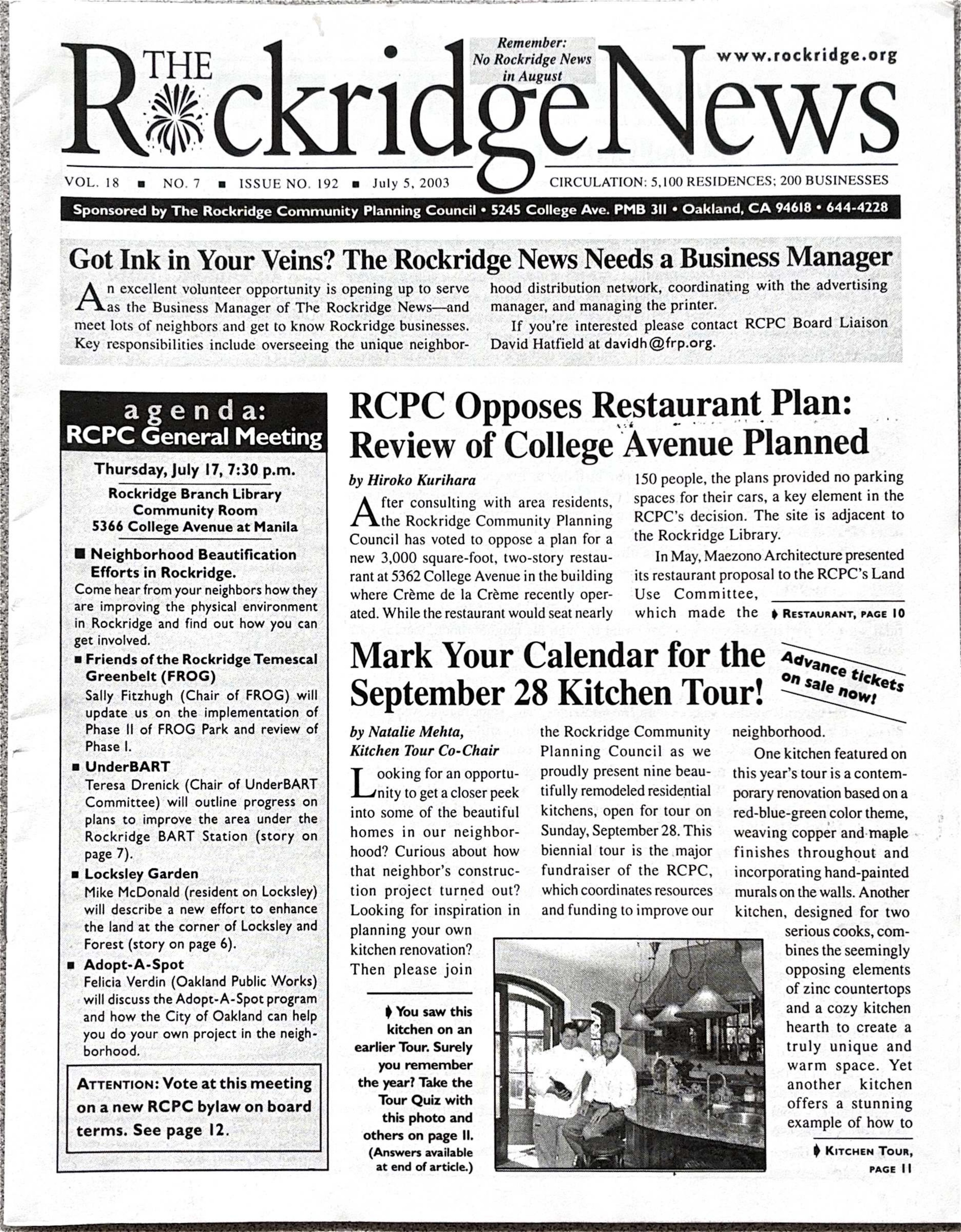 The Rockridge News, June 2003, page 1
