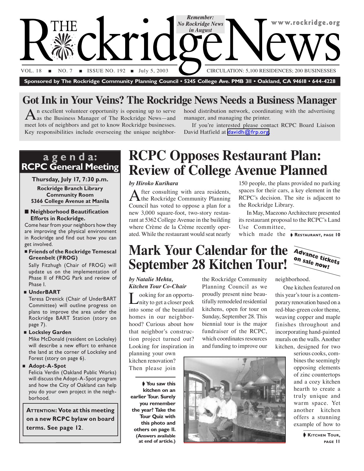 The Rockridge News, July 2003, page 1