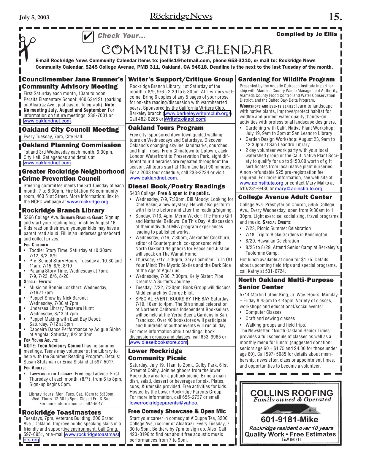 Click to zoom in The Rockridge News, July 2003, page 15