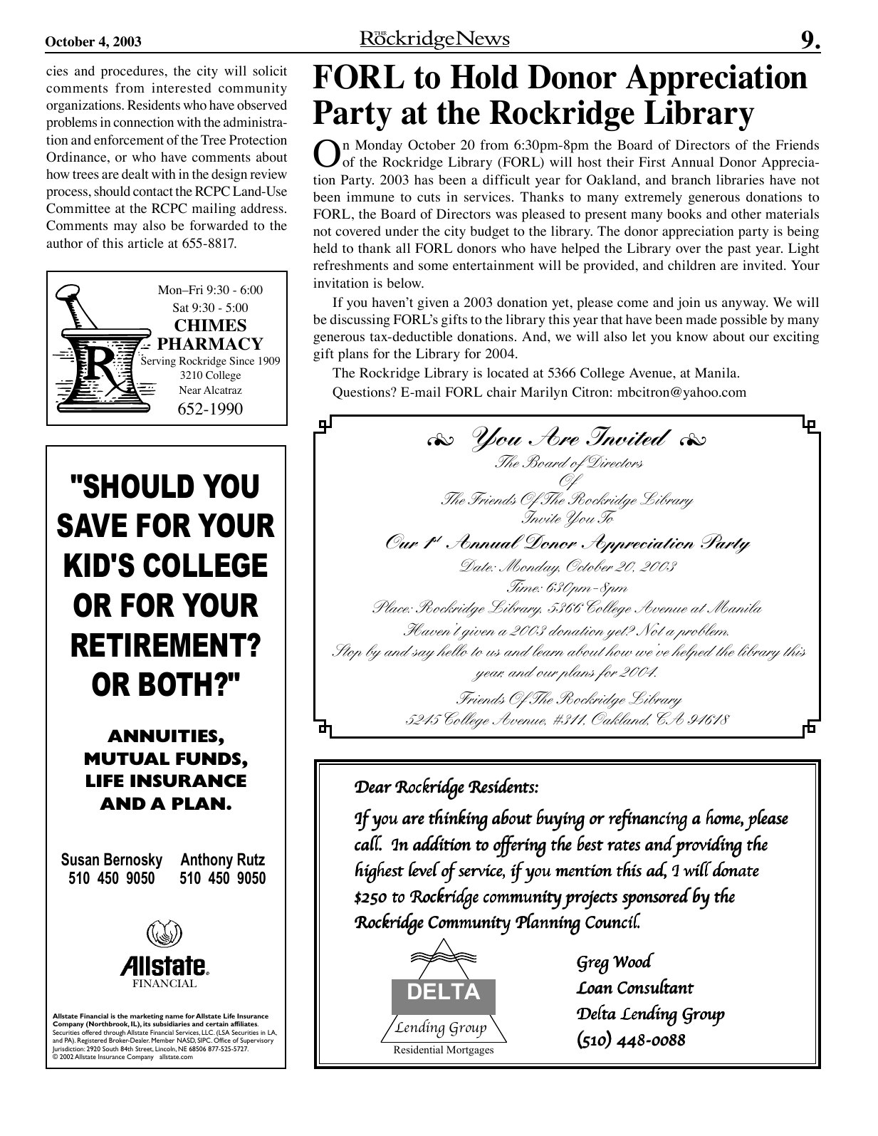 Click to zoom in The Rockridge News, October 2003, page 9