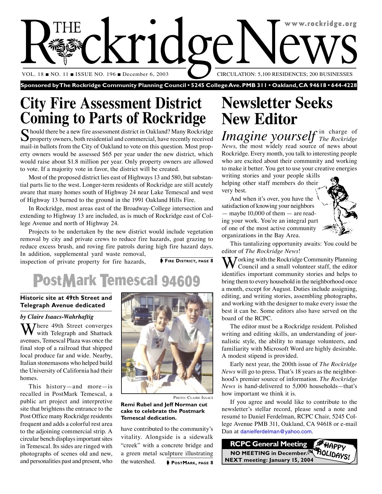 Click to zoom in The Rockridge News, December 2003, page 1