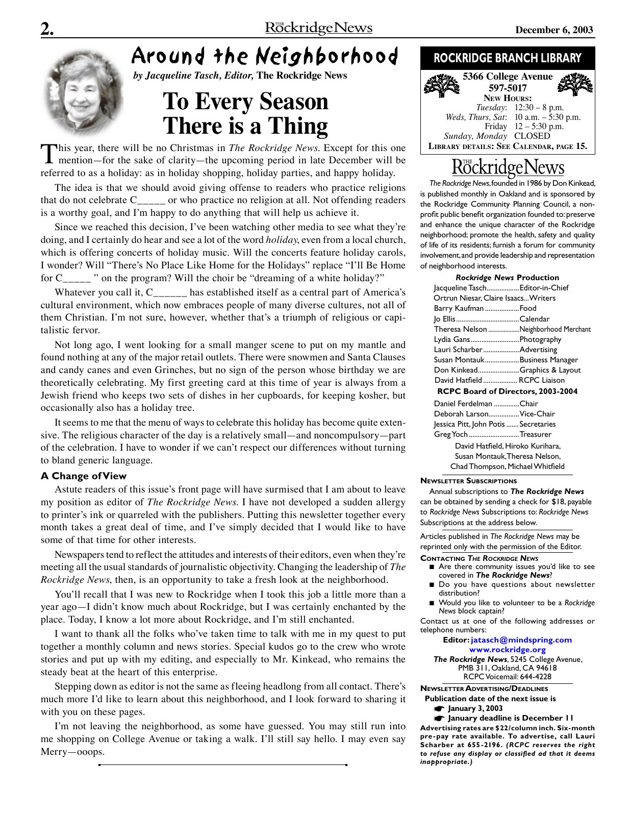 The Rockridge News, December 2003, page 2