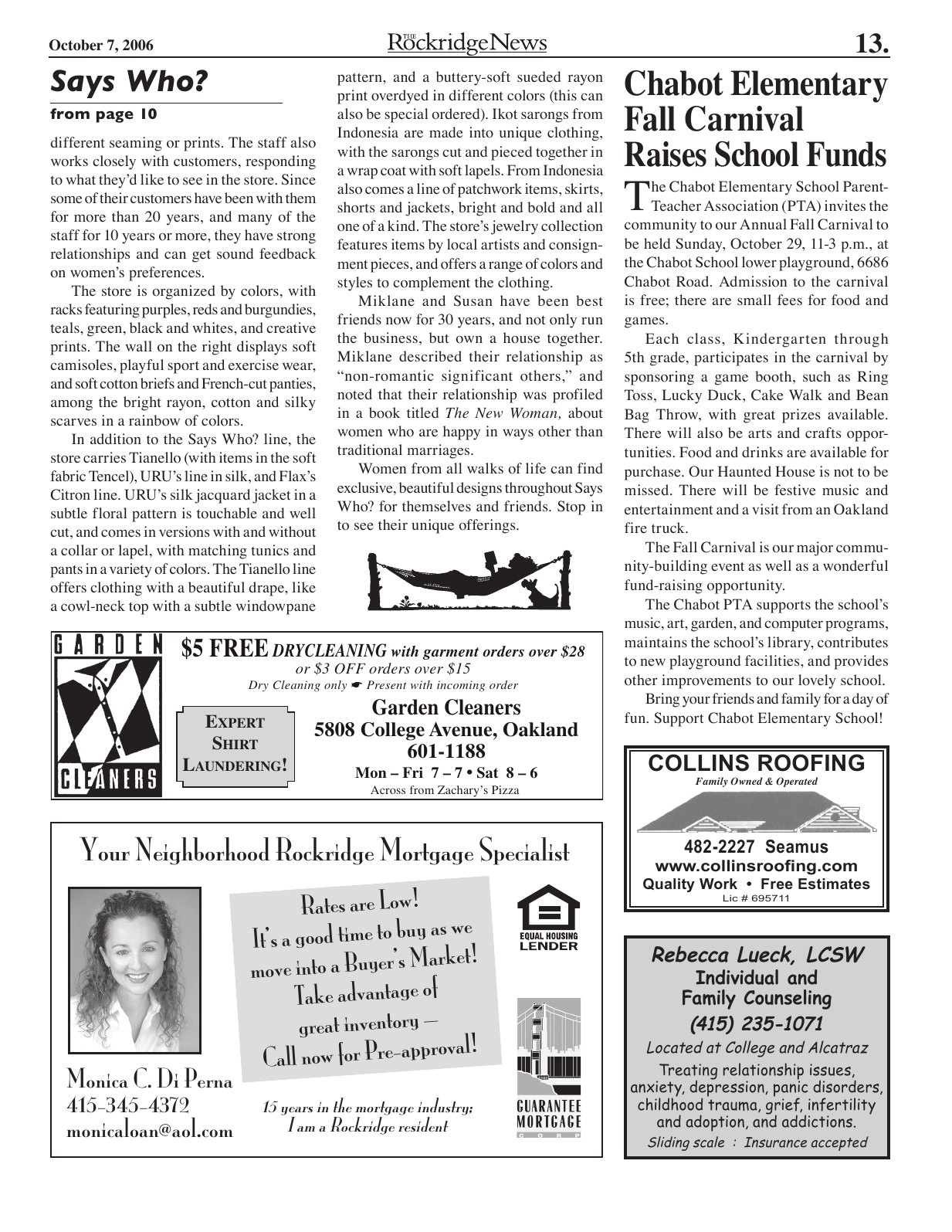 Click to zoom in The Rockridge News, October 2006, page 13