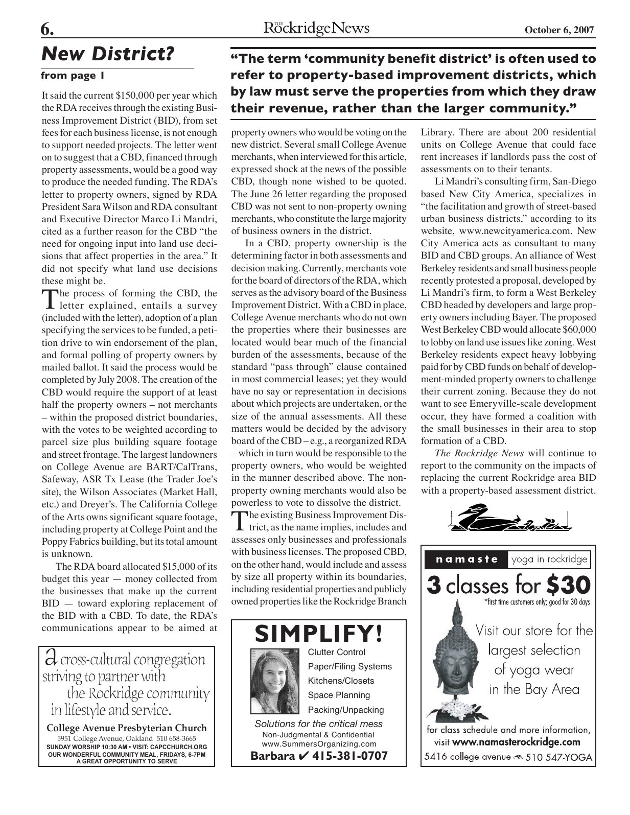 Click to zoom in The Rockridge News, October 2007, page 6
