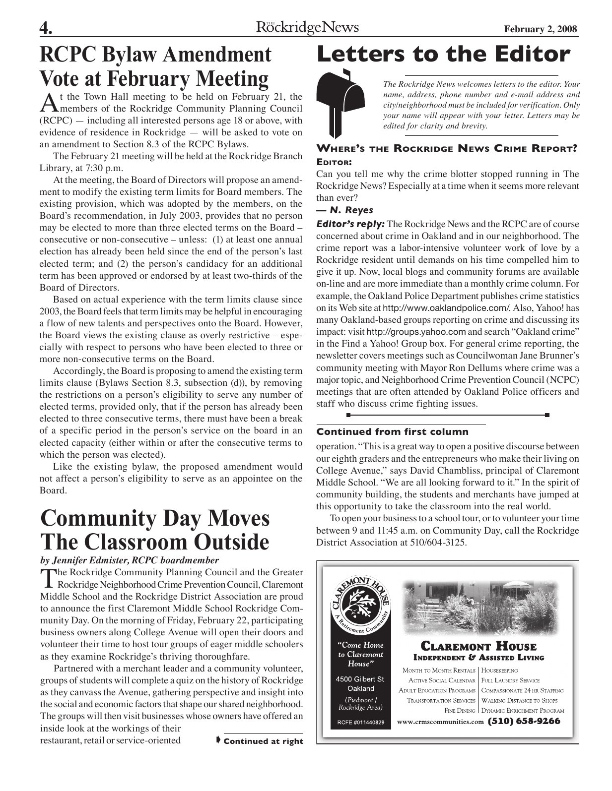 The Rockridge News, February 2008, page 4