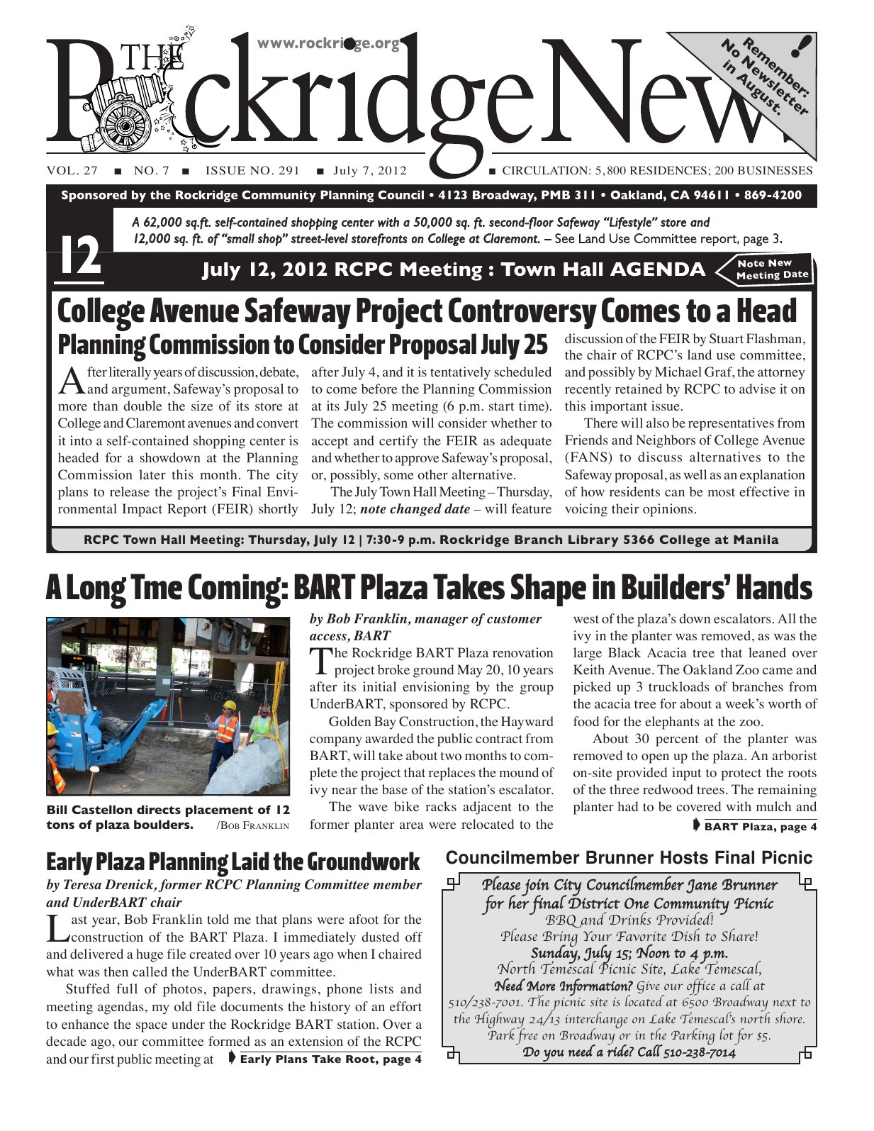 The Rockridge News, July 2012, page 1