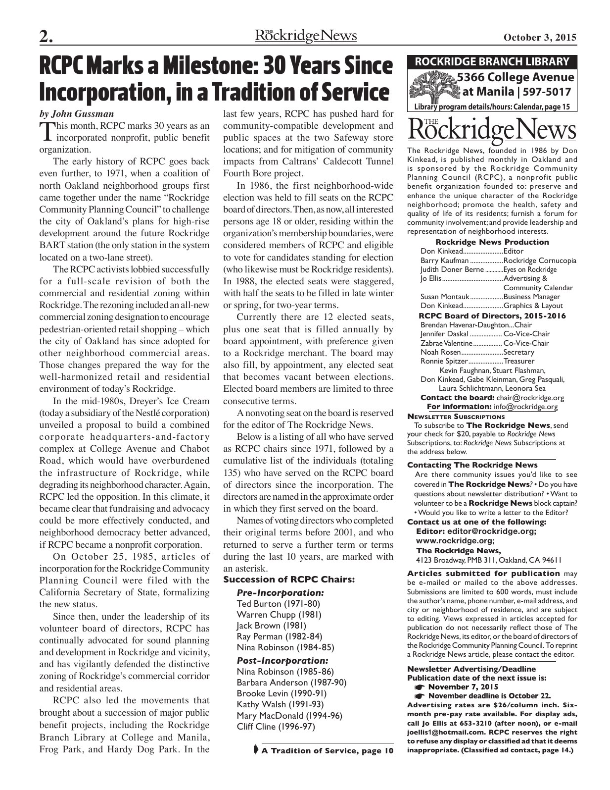 The Rockridge News, October 2015, page 2