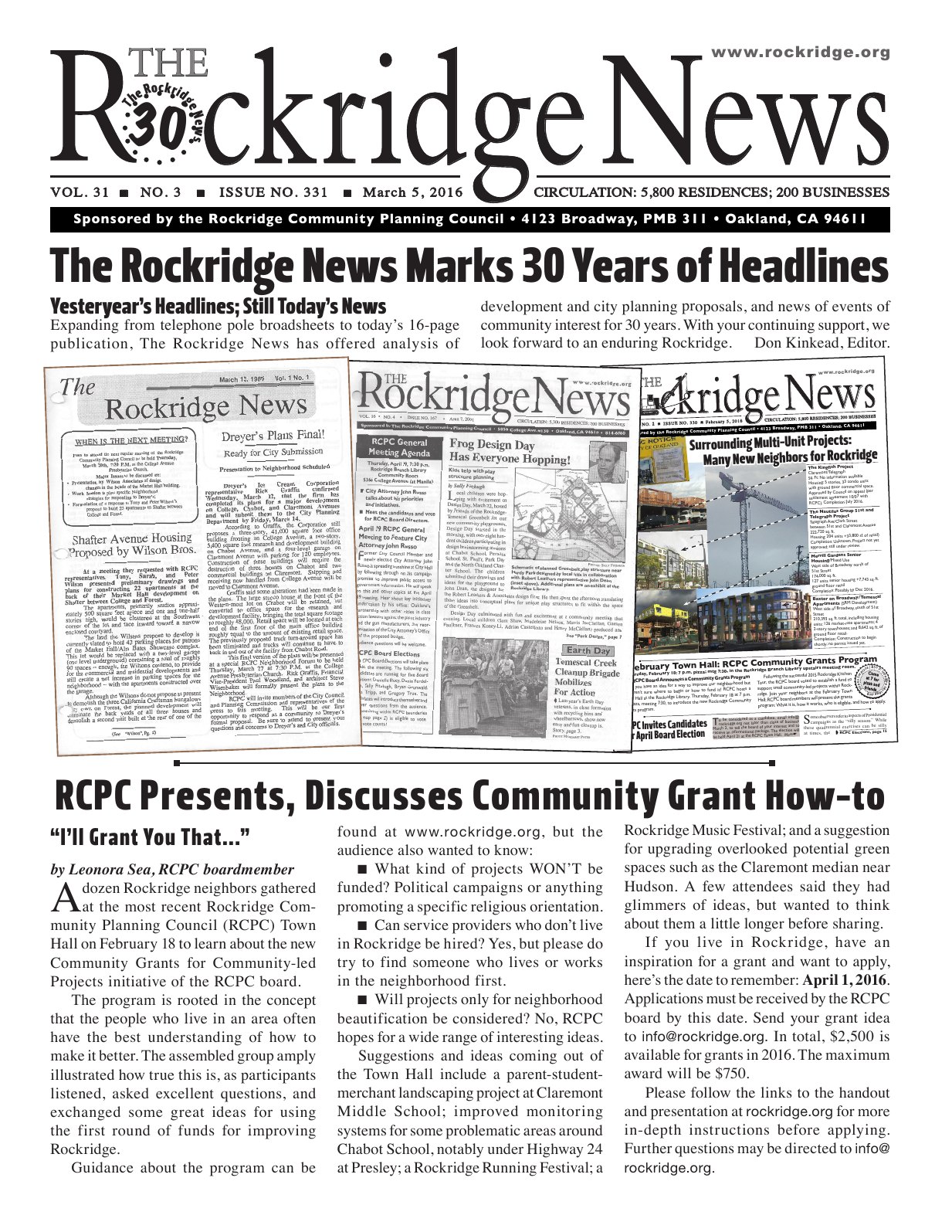 Click to zoom in The Rockridge News, March 2016, page 1