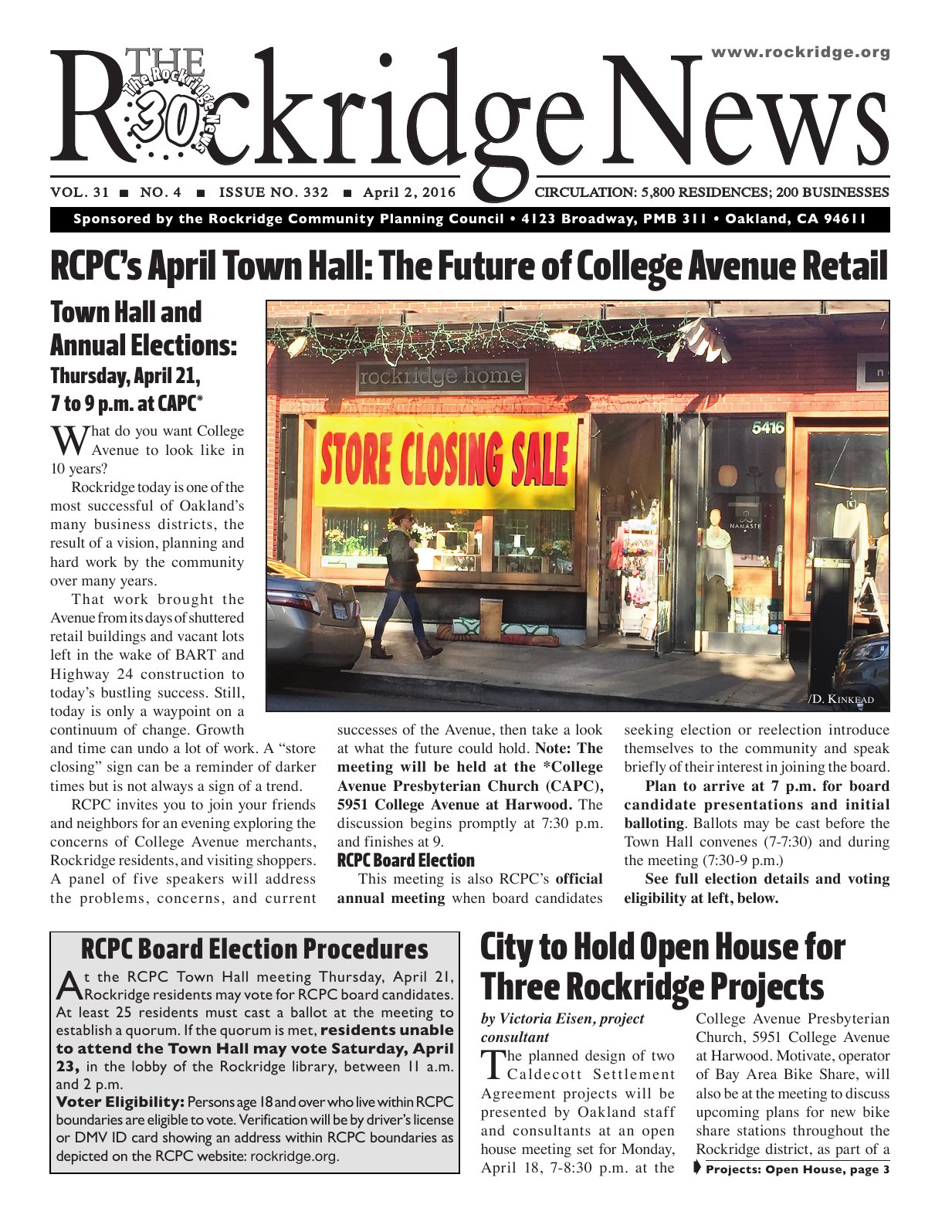 Click to zoom in The Rockridge News, April 2016, page 1