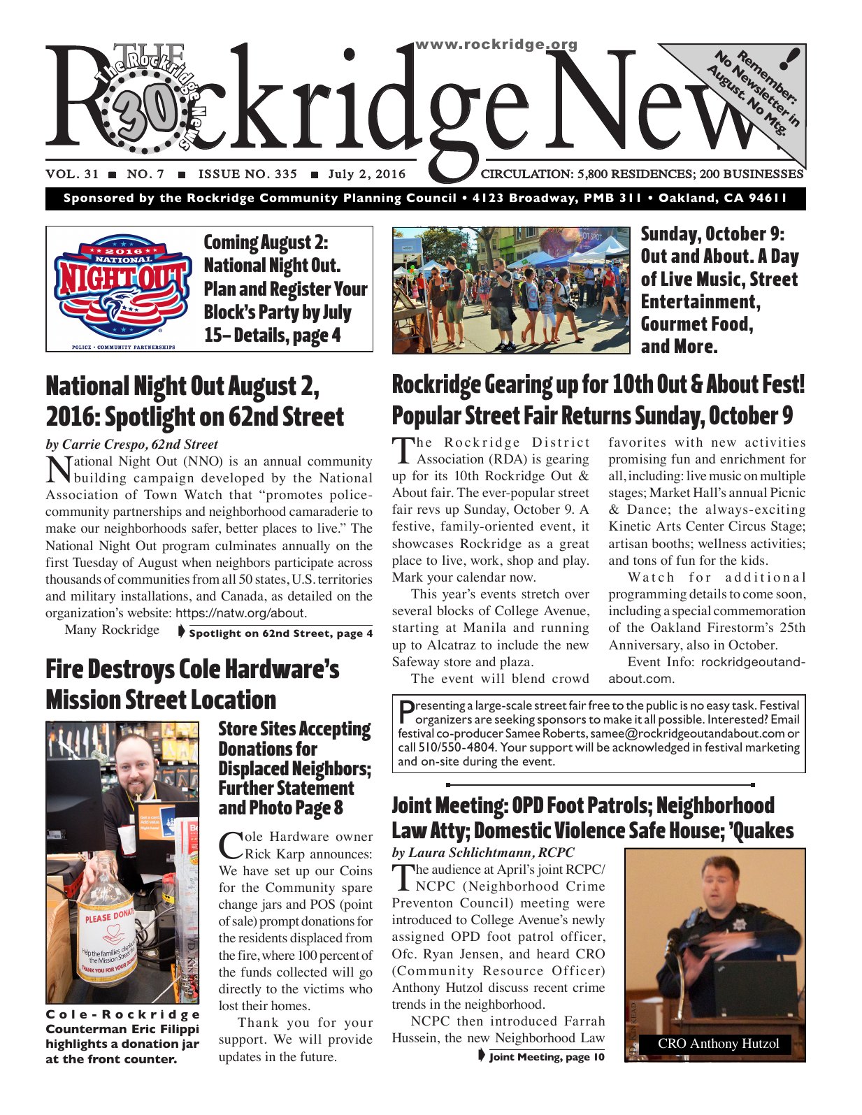 Click to zoom in The Rockridge News, July 2016, page 1
