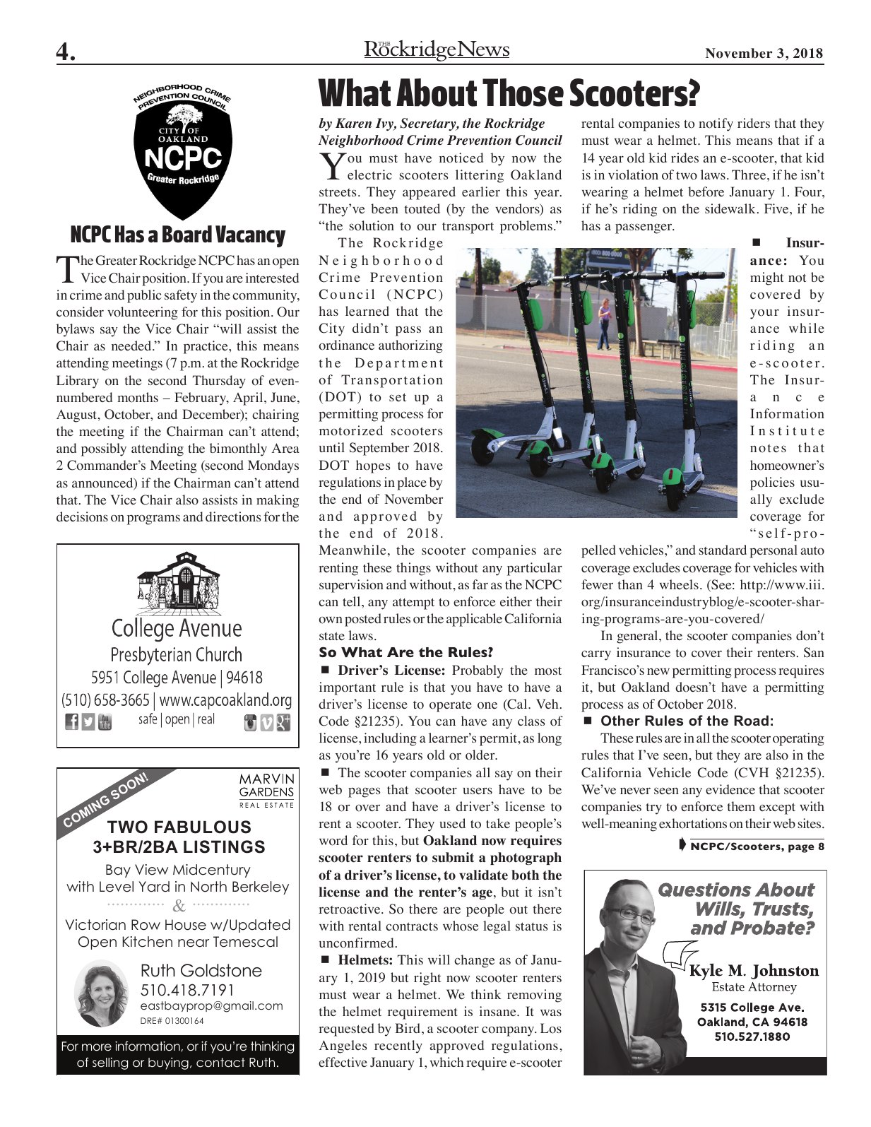 The Rockridge News, November 2018, page 4