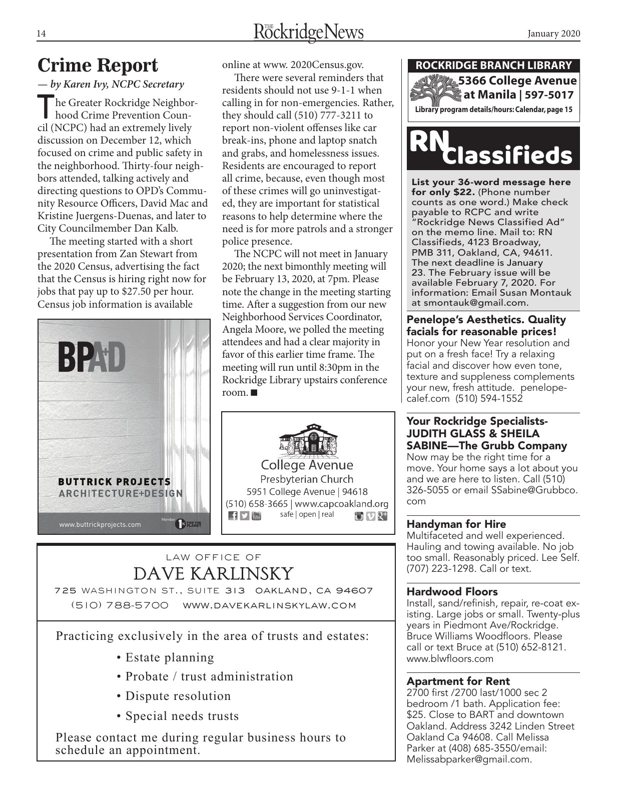 Click to zoom in The Rockridge News, January 2020, page 14