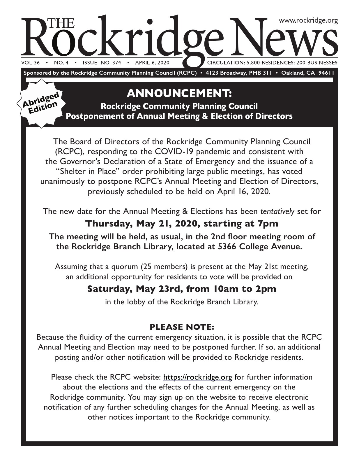 Click to zoom in The Rockridge News, April 2020, page 1
