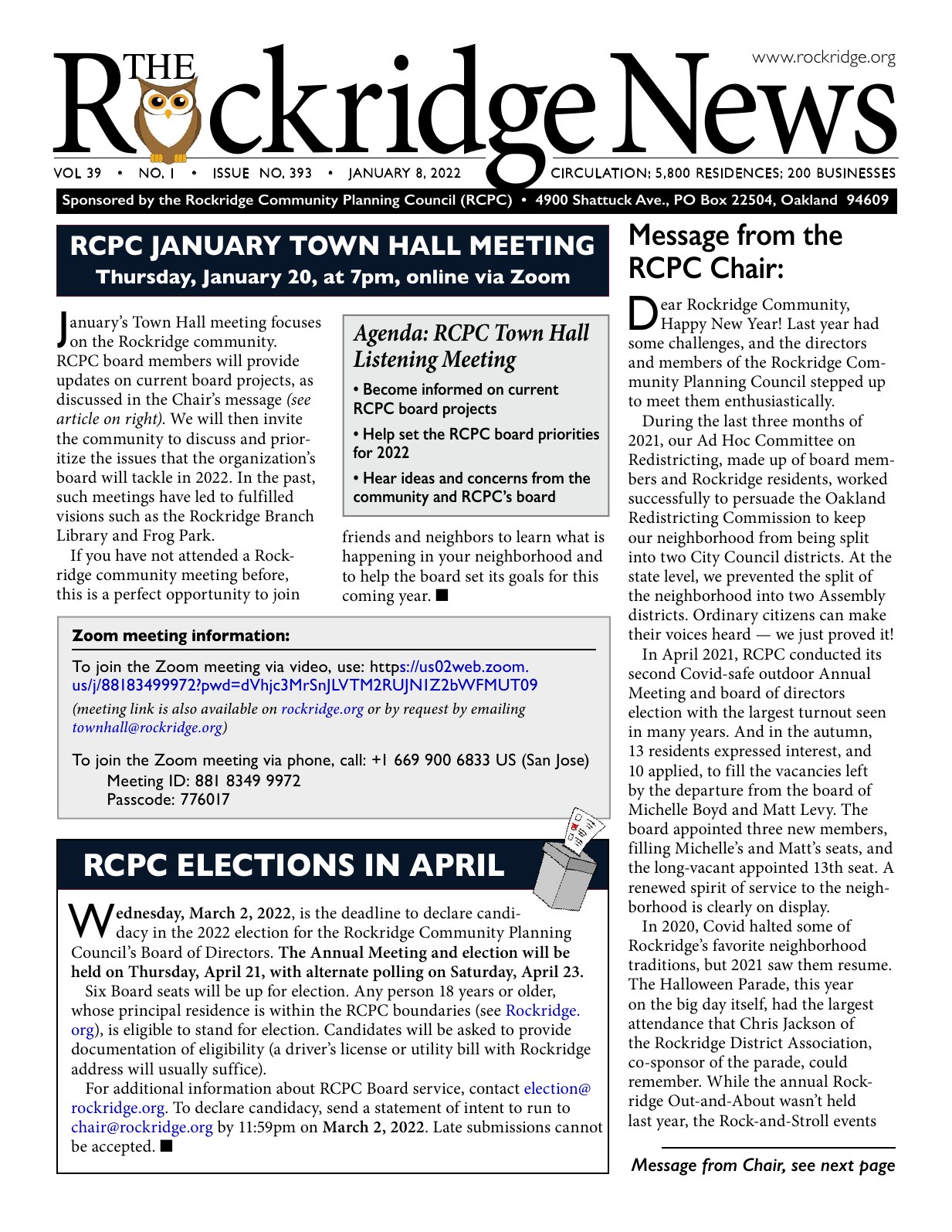 Click to zoom in The Rockridge News, January 2022, page 1