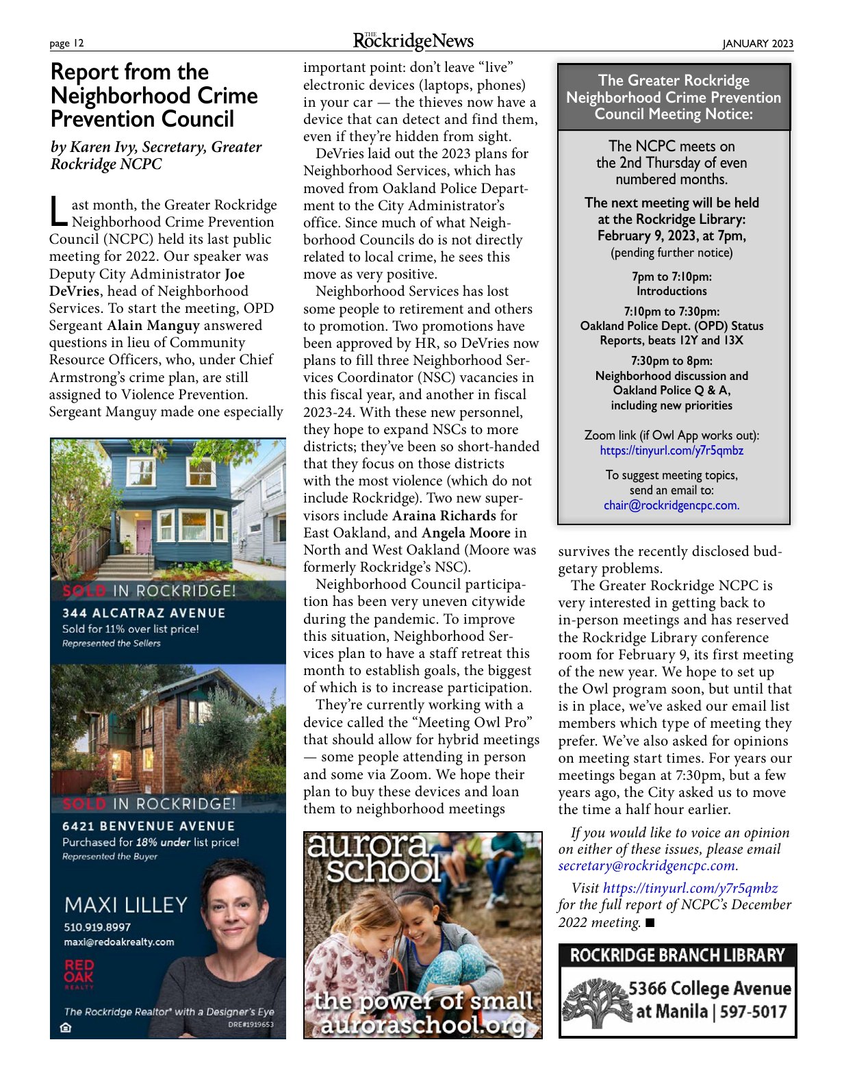 Click to zoom in The Rockridge News, January 2023, page 12